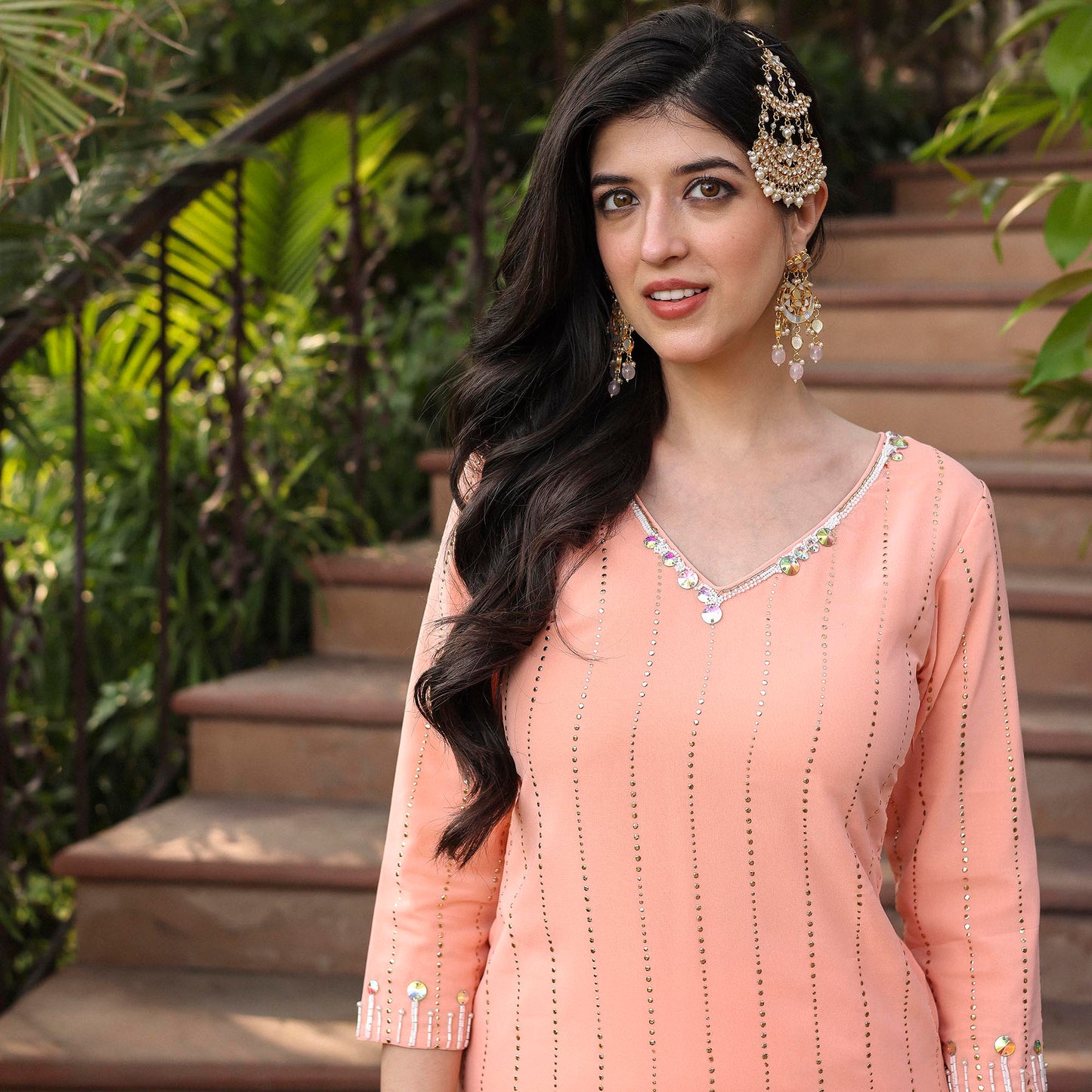 PEACH STRAIGHT MUKAISH KURTA SET