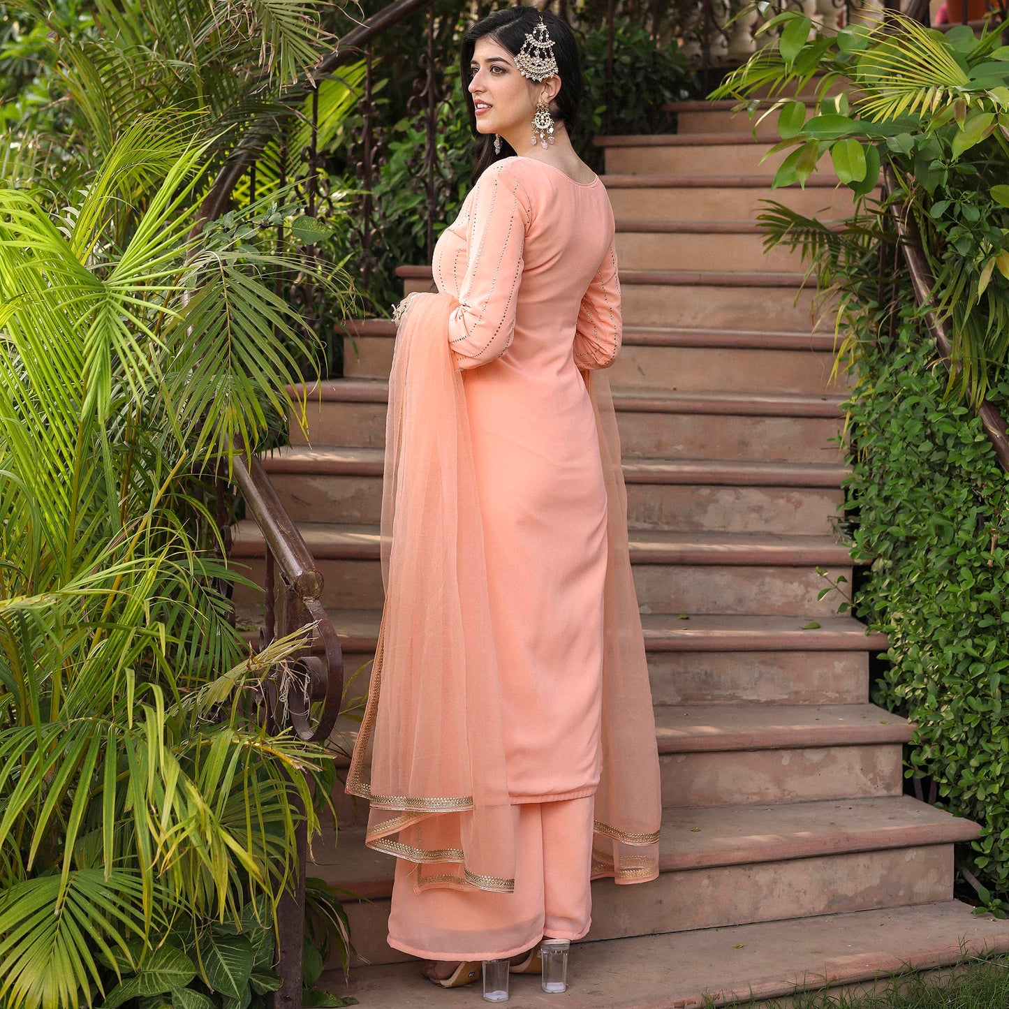 PEACH STRAIGHT MUKAISH KURTA SET