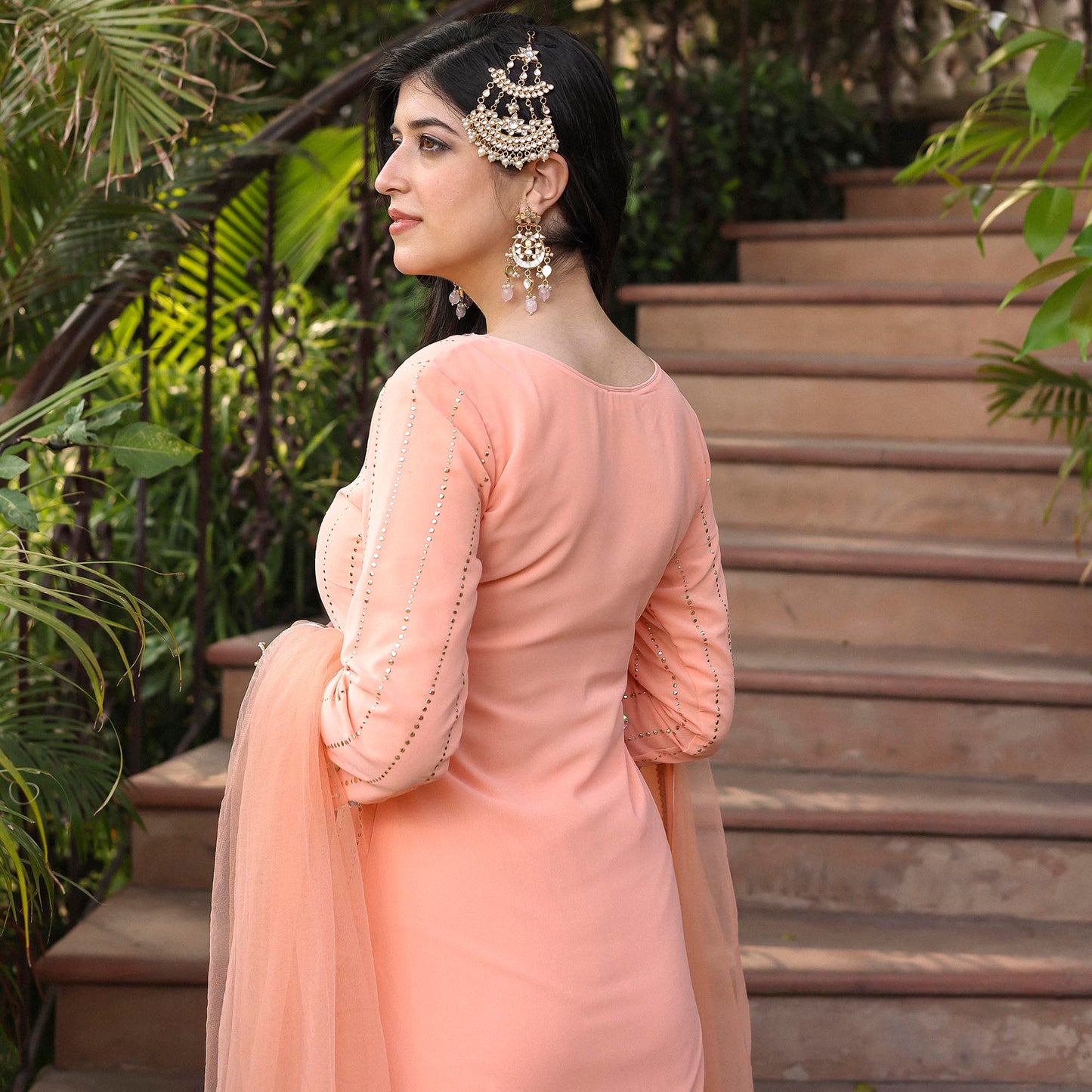 PEACH STRAIGHT MUKAISH KURTA SET