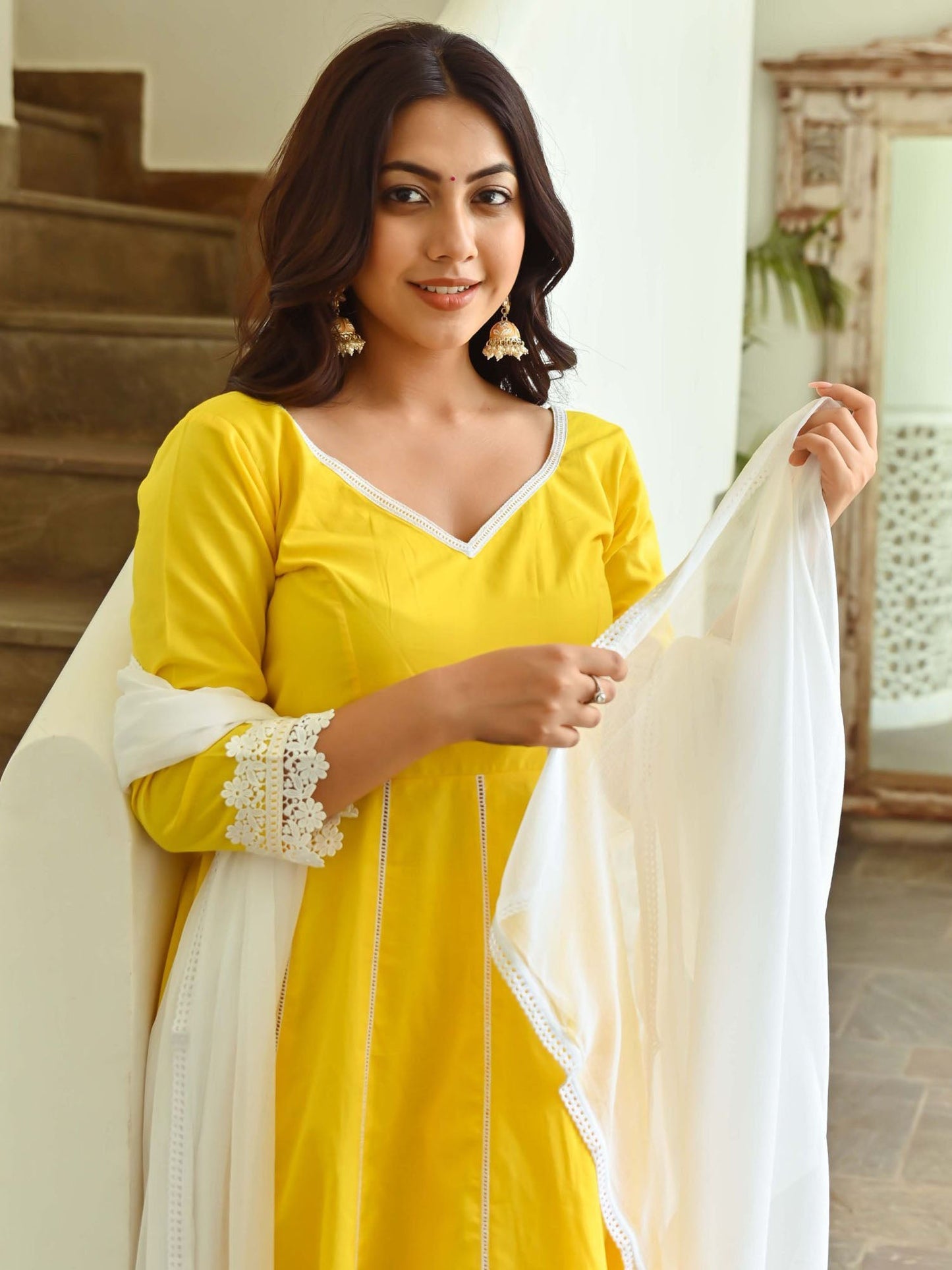 Yellow Cotton Anarkali Set