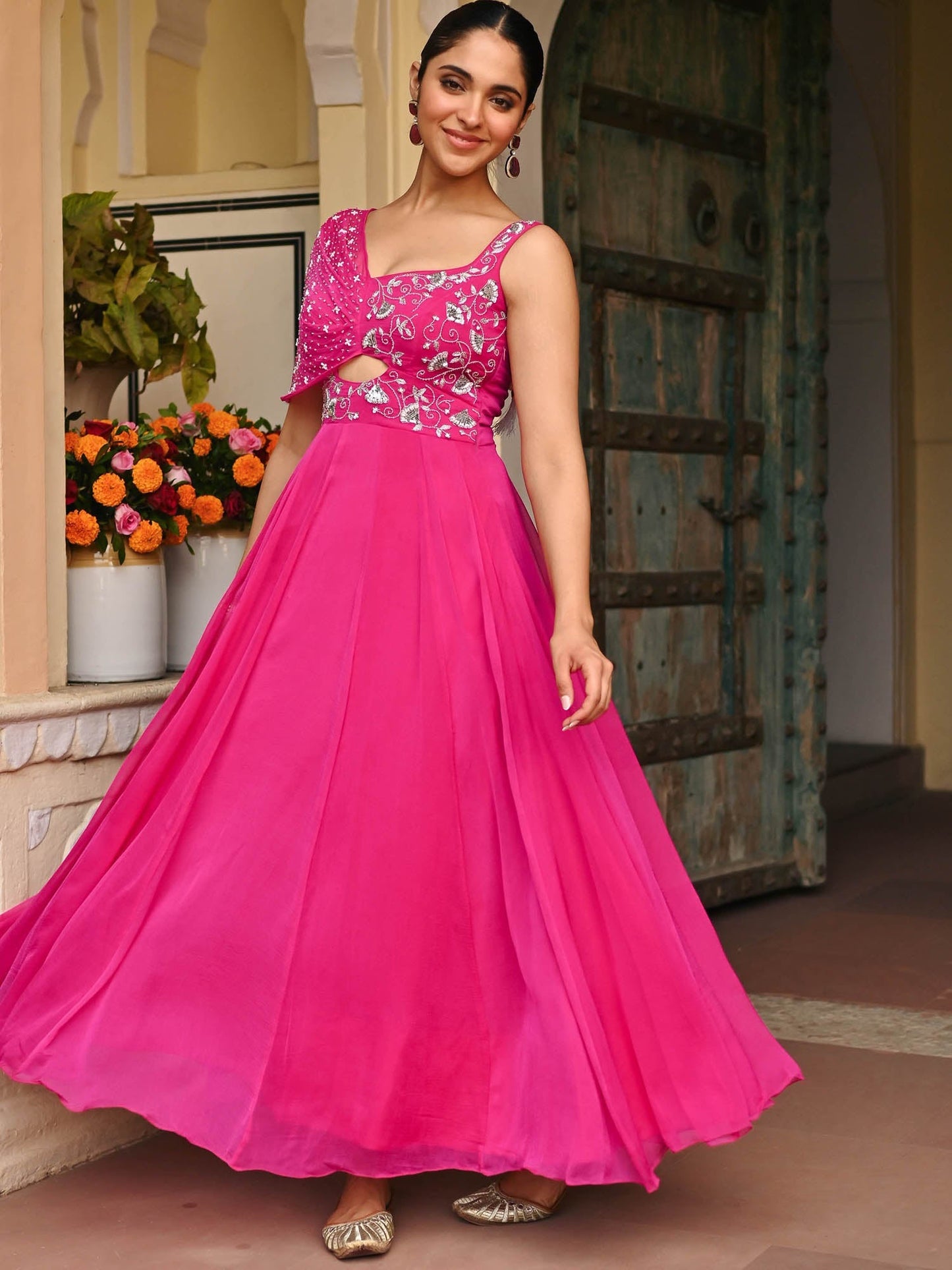 Pink Chiffon Handwork Gown