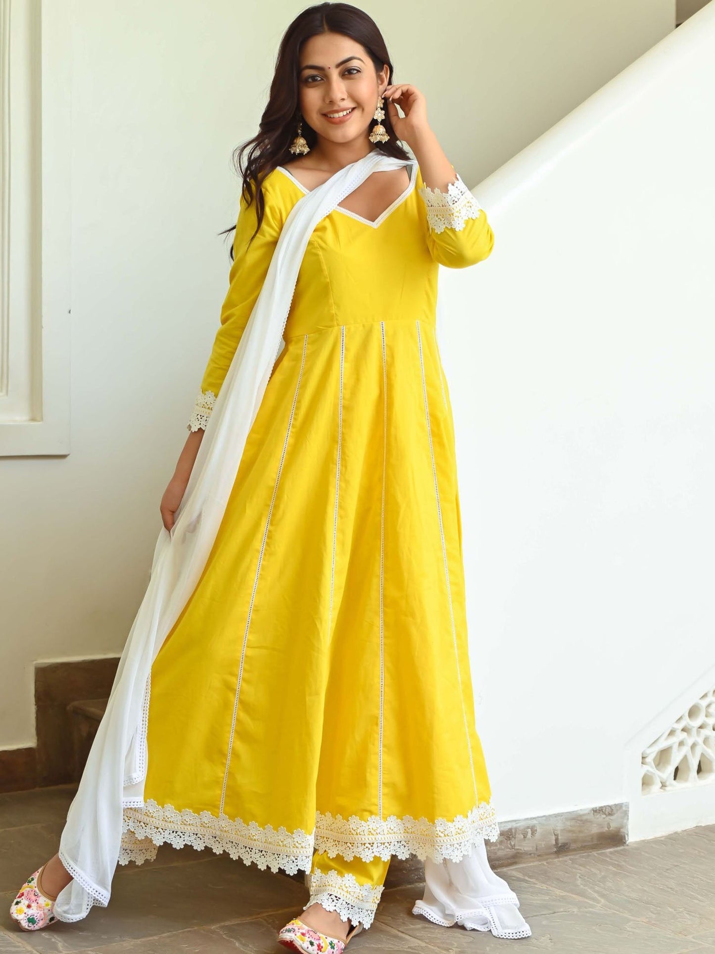 Yellow Cotton Anarkali Set