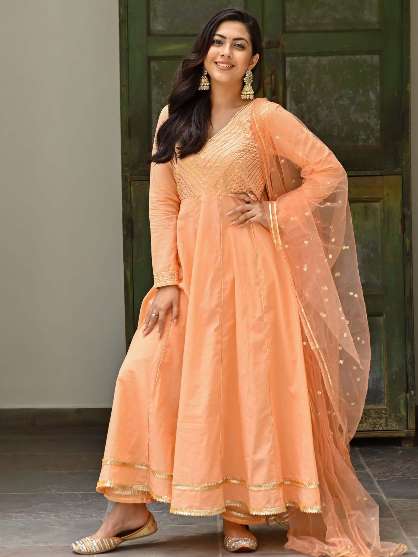 Peach Cotton Anarkali Set