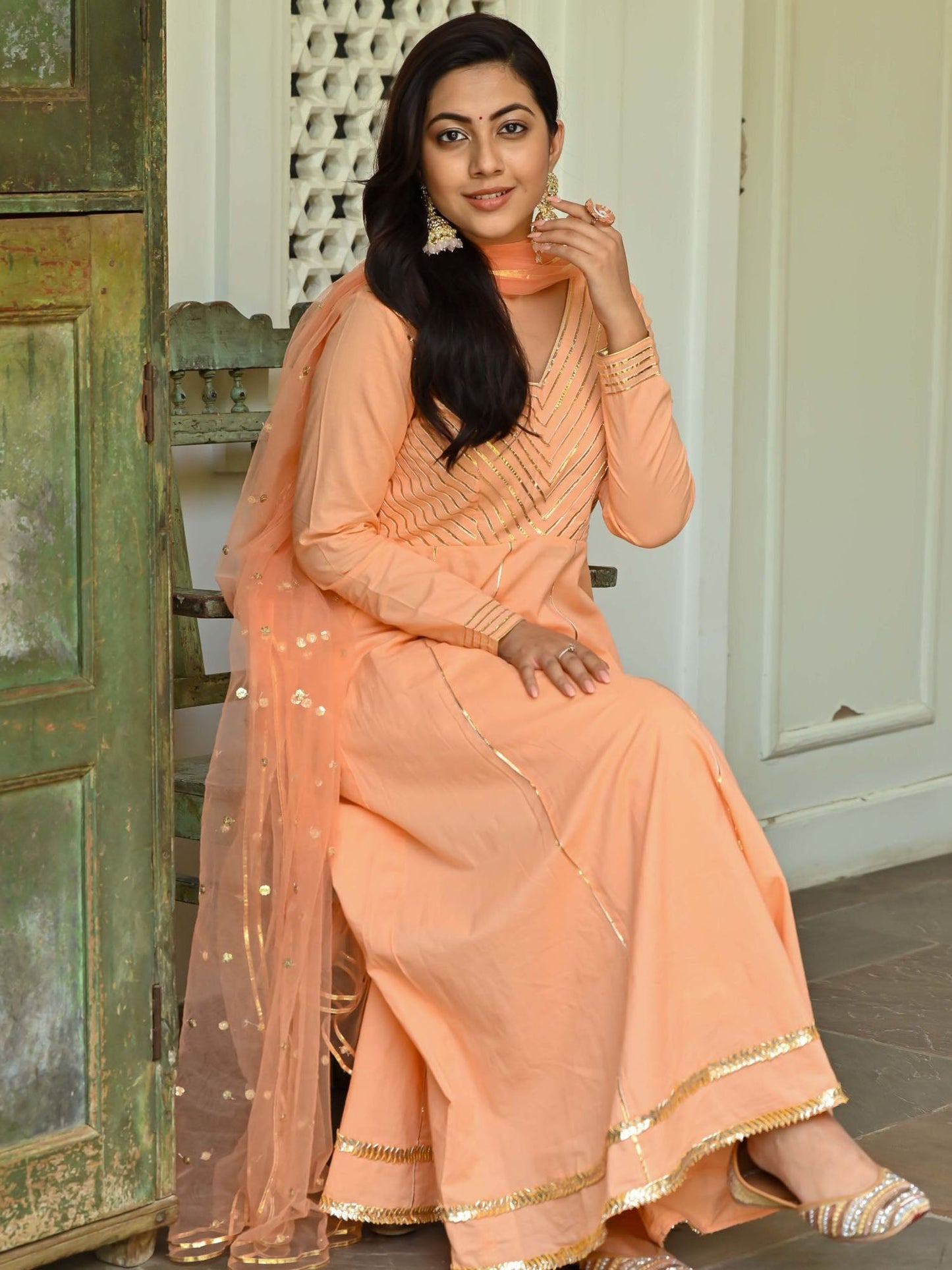 Peach Cotton Anarkali Set
