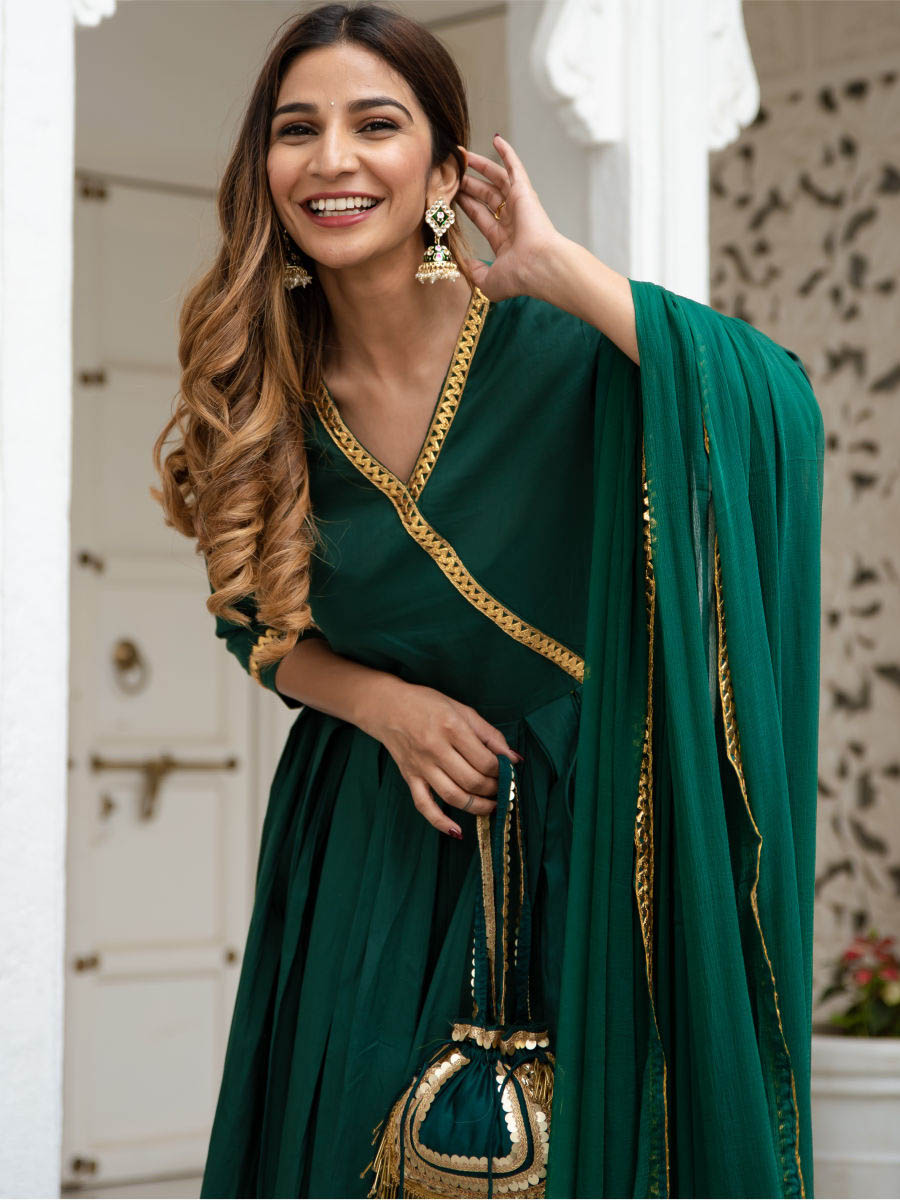 Dark Green Cotton Flared Kurta and Pant Set