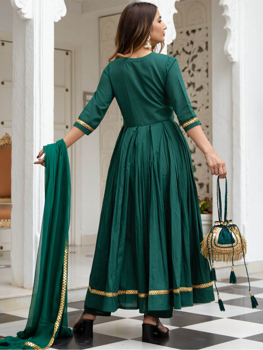 Dark Green Cotton Flared Kurta and Pant Set