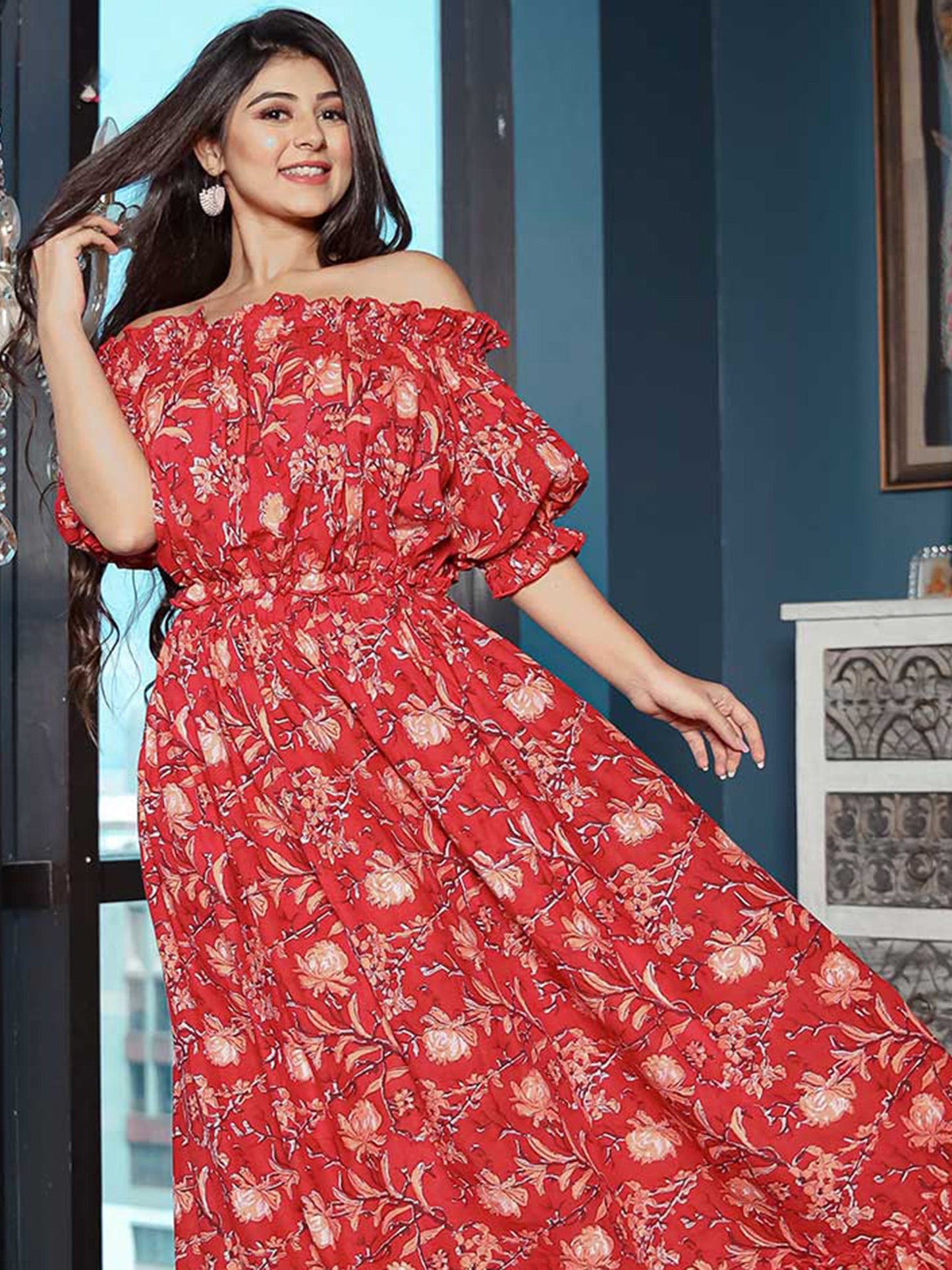 Red Off Shoulder Floral Print Dress