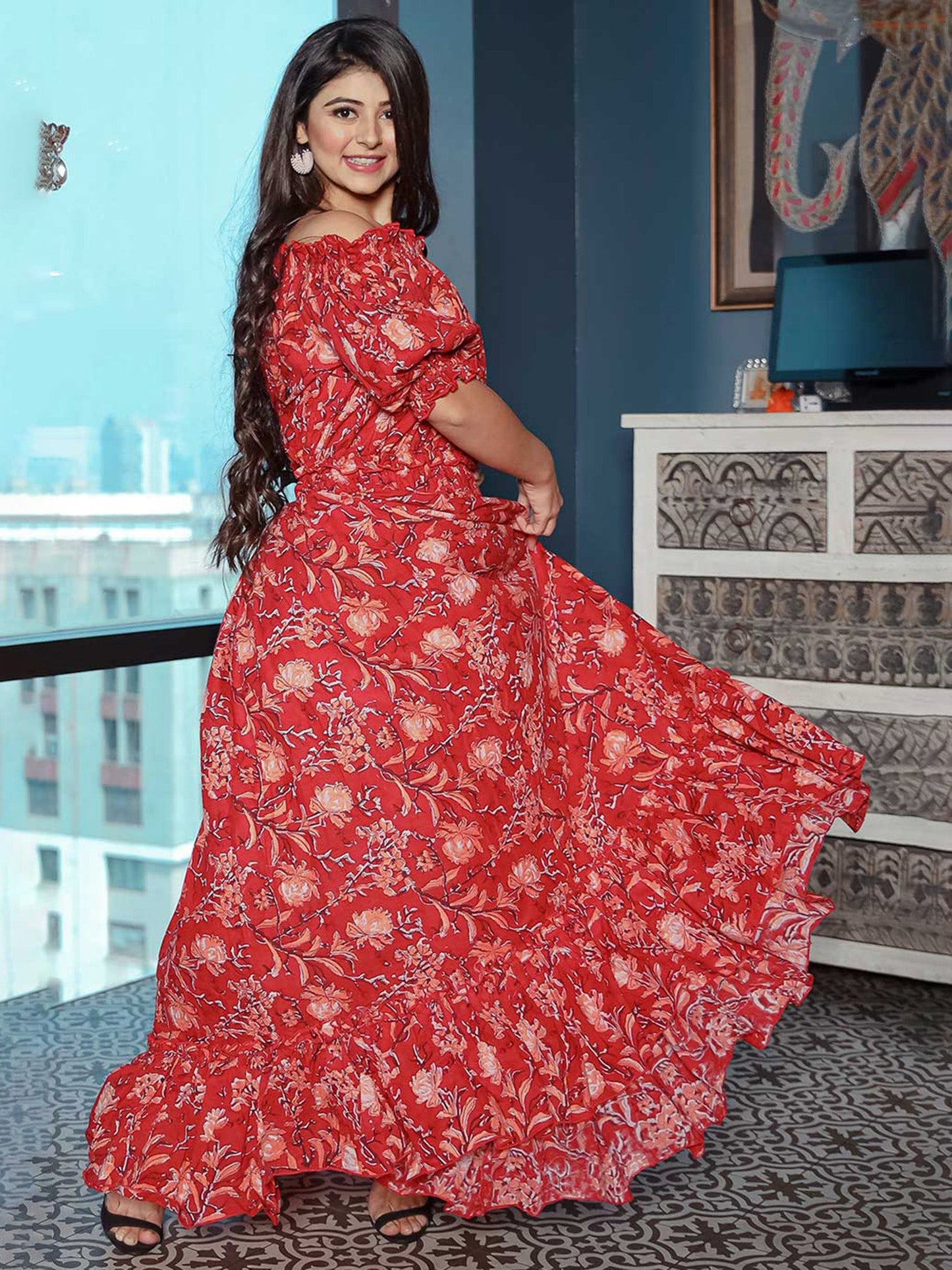 Red Off Shoulder Floral Print Dress