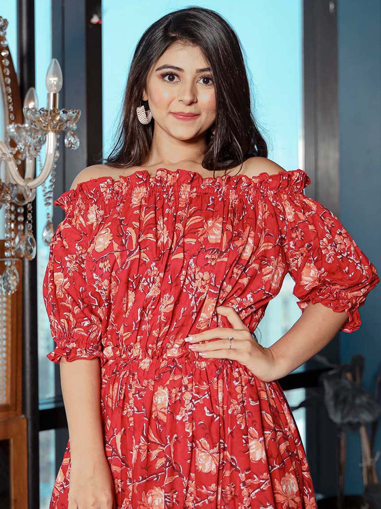 Red Off Shoulder Floral Print Dress