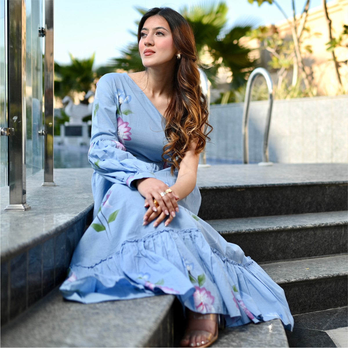 Blue Hand Painted Cut Out Dress