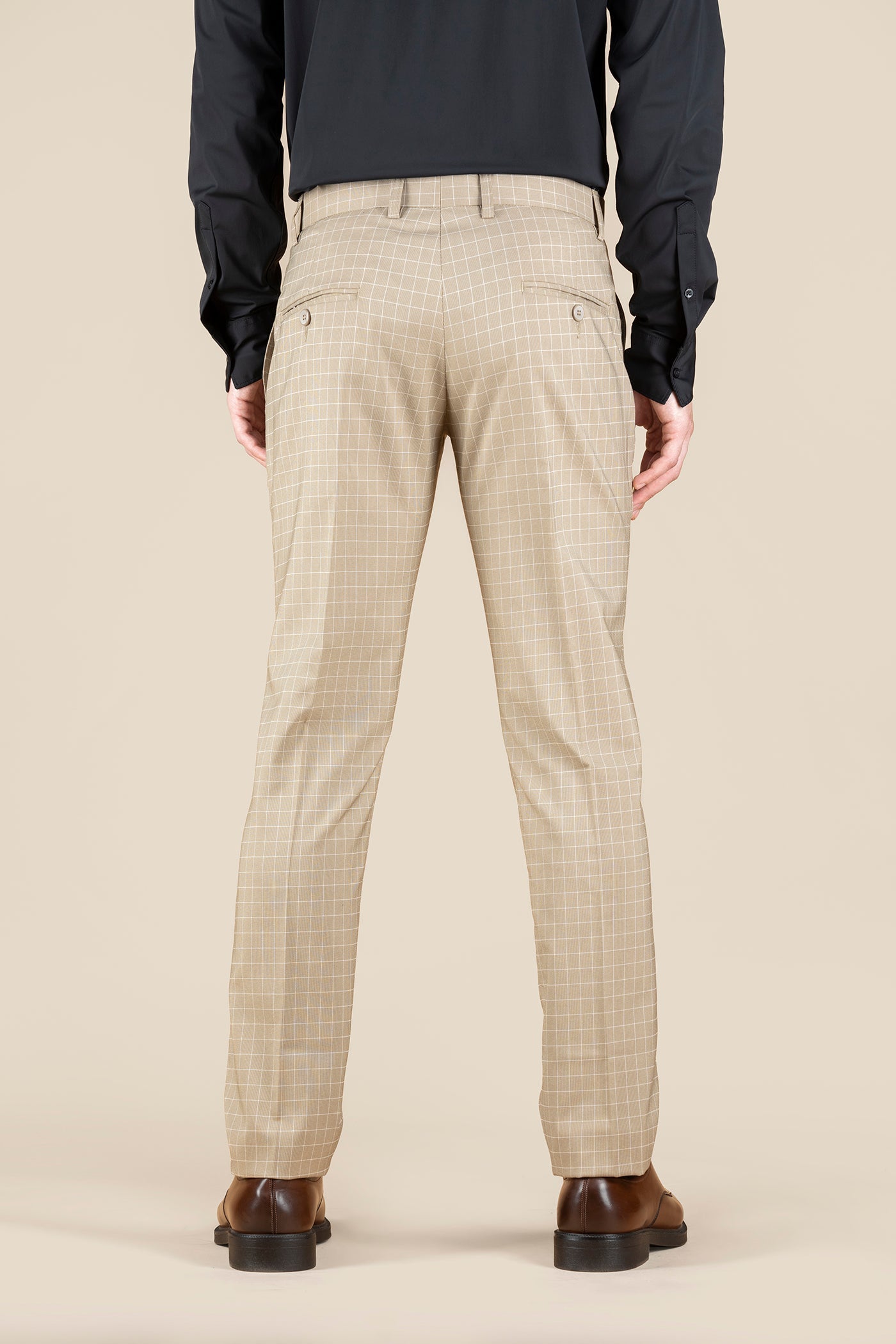Men's Beige Checkered Formal Trousers
