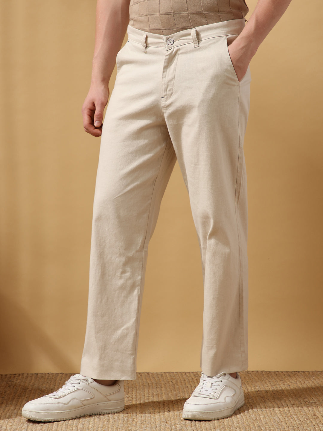 Men's Solid Cotton Slub Relaxed Fit Casual Trouser