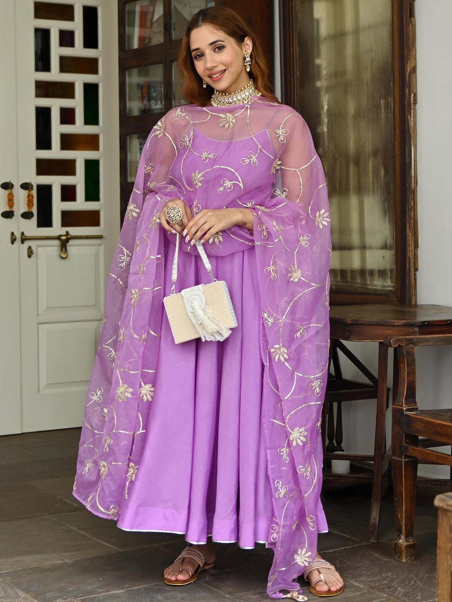 Purple Silk Anarkali Set