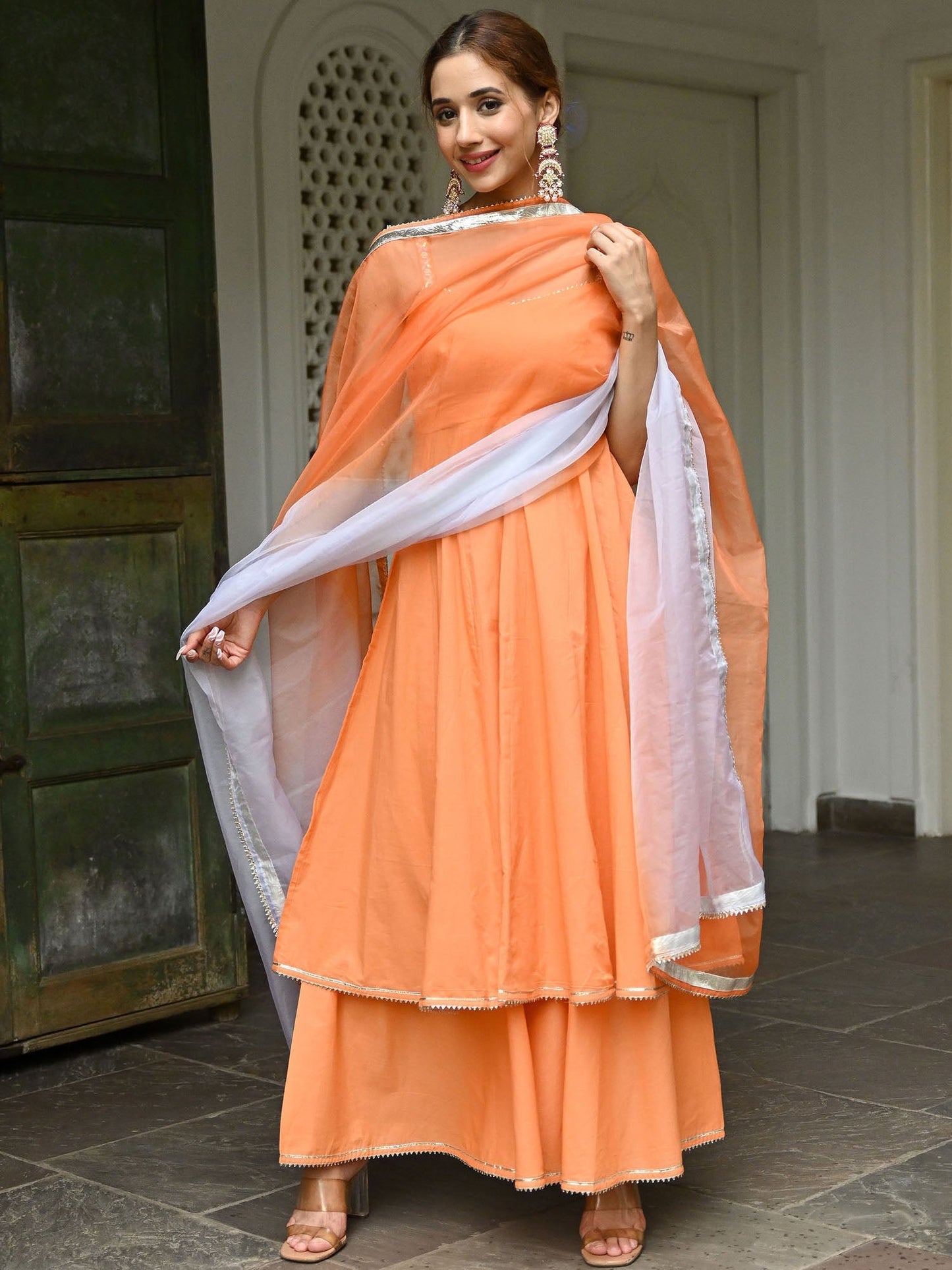 Peach Embroidered Anarkali Set
