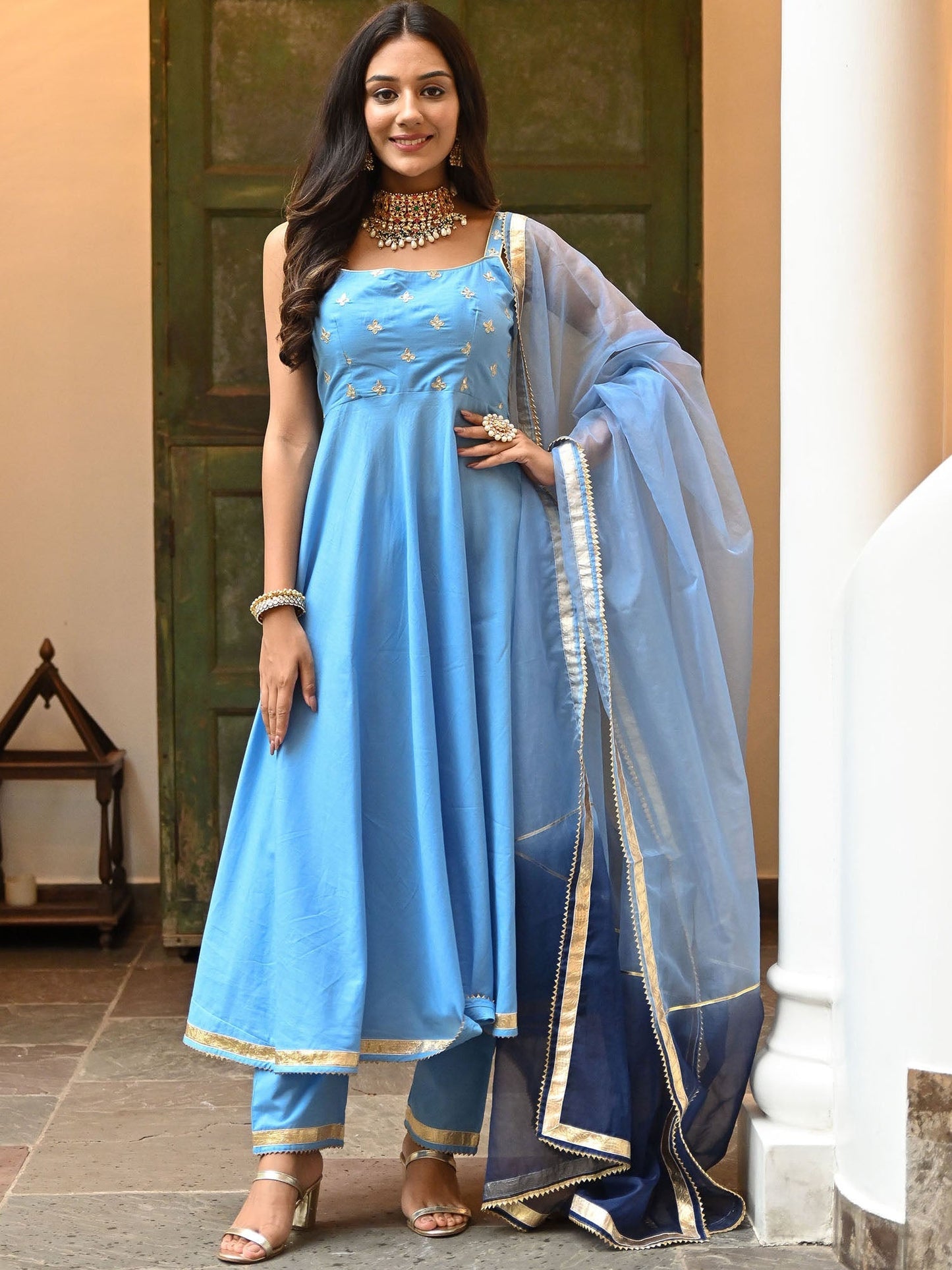 Sky Blue Embroidered Anarkali Set