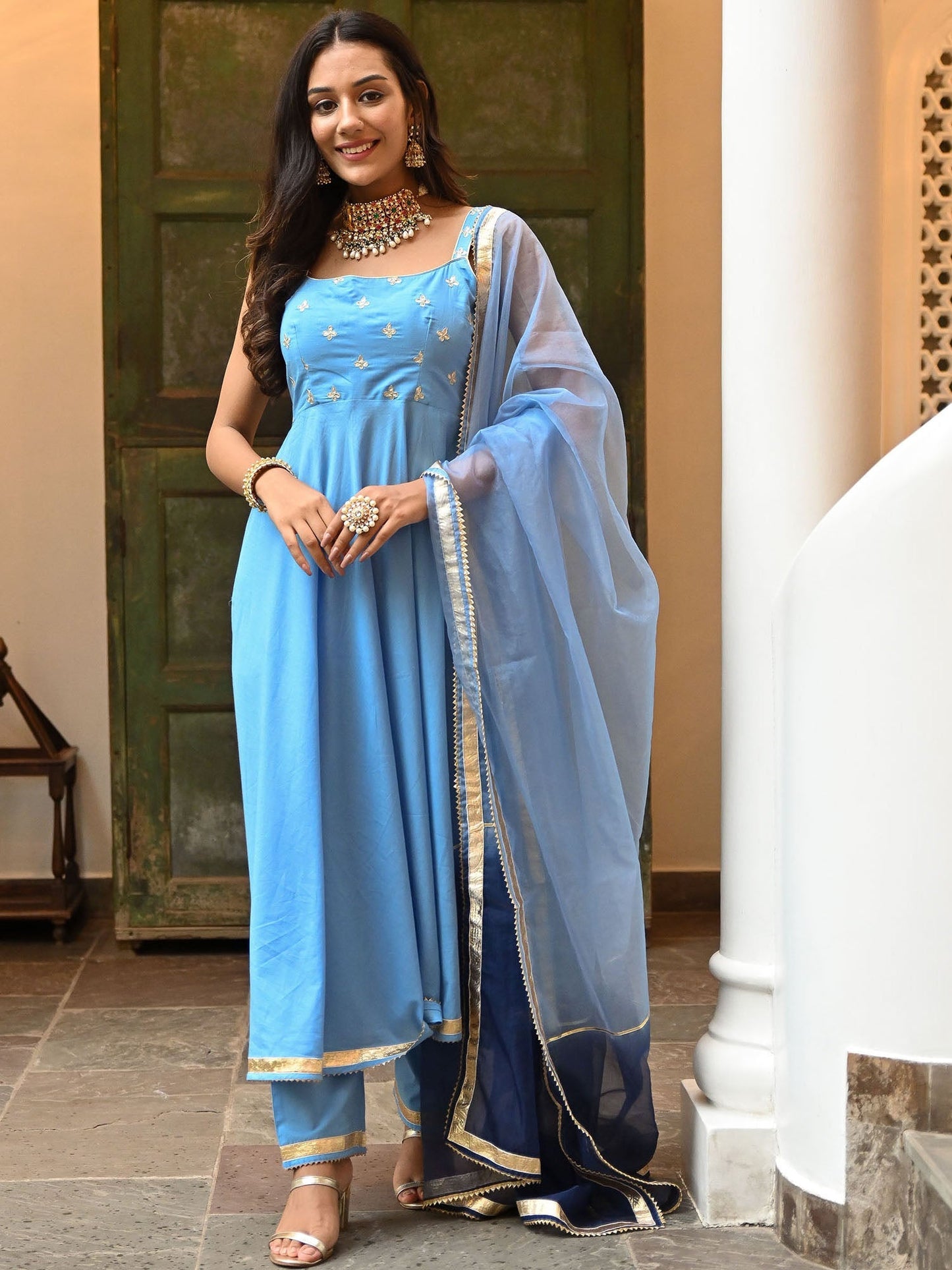 Sky Blue Embroidered Anarkali Set