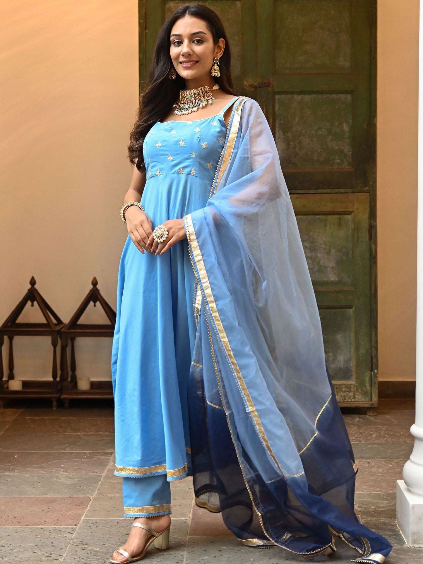 Sky Blue Embroidered Anarkali Set