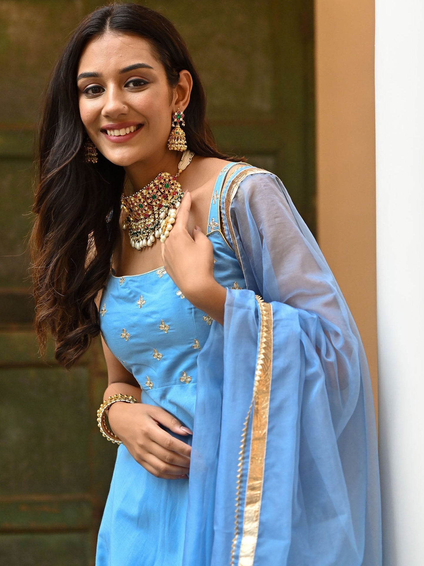 Sky Blue Embroidered Anarkali Set