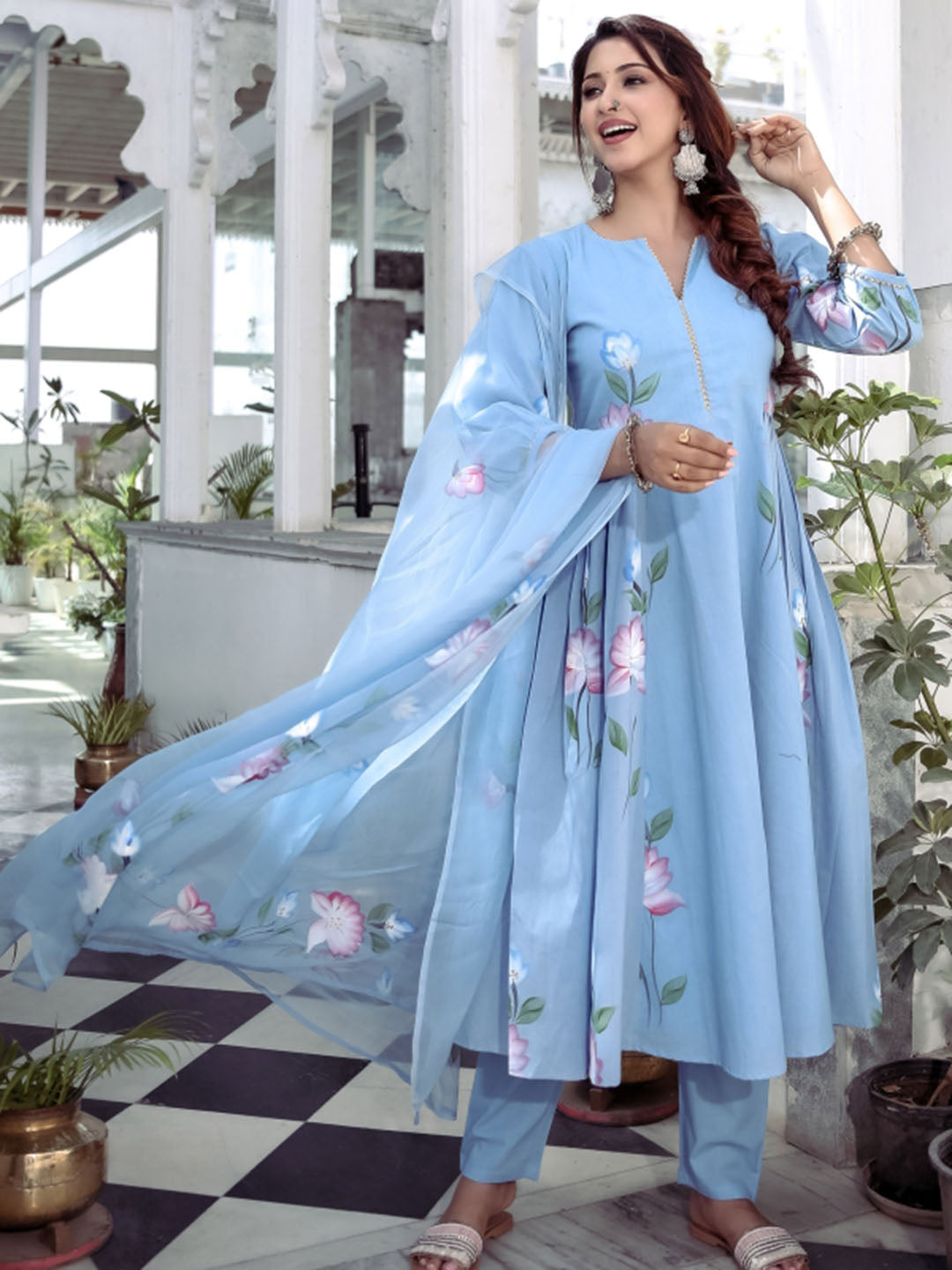Blue Handbrush Anarkali Set