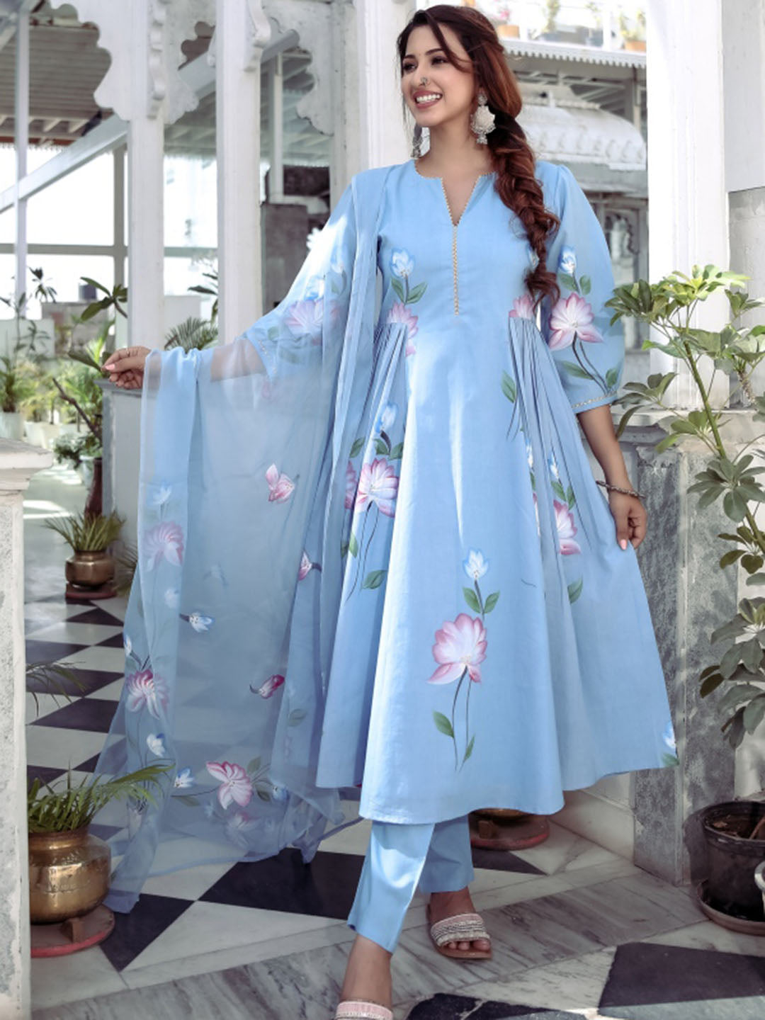 Blue Handbrush Anarkali Set