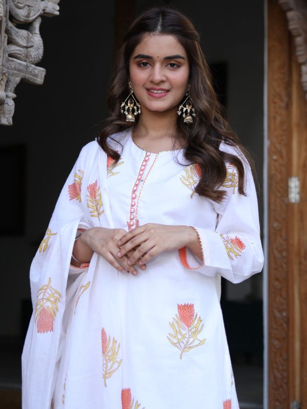 White Sanganeri Block Suit Set