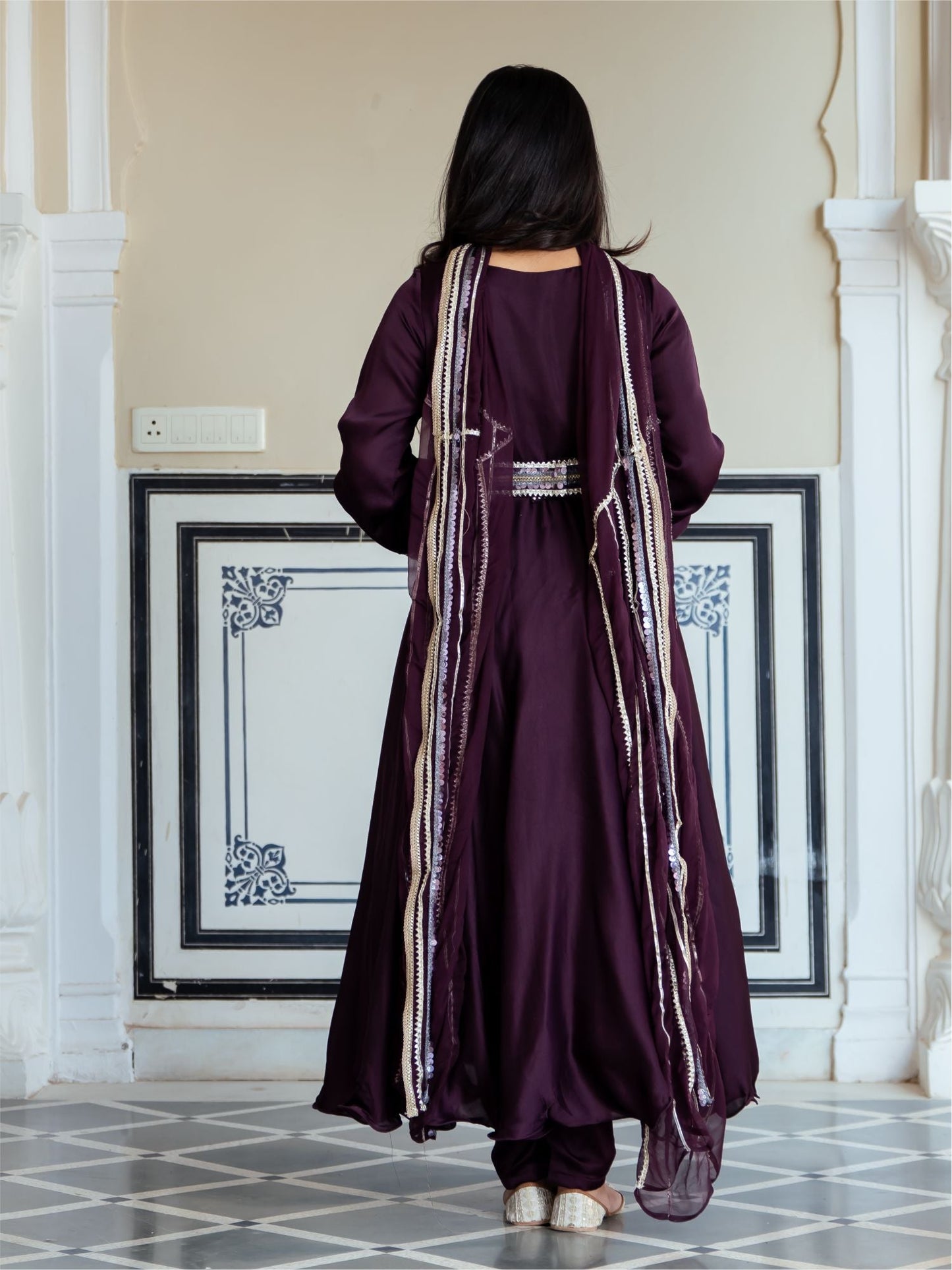 Wine Silk Anarkali With Dupatta