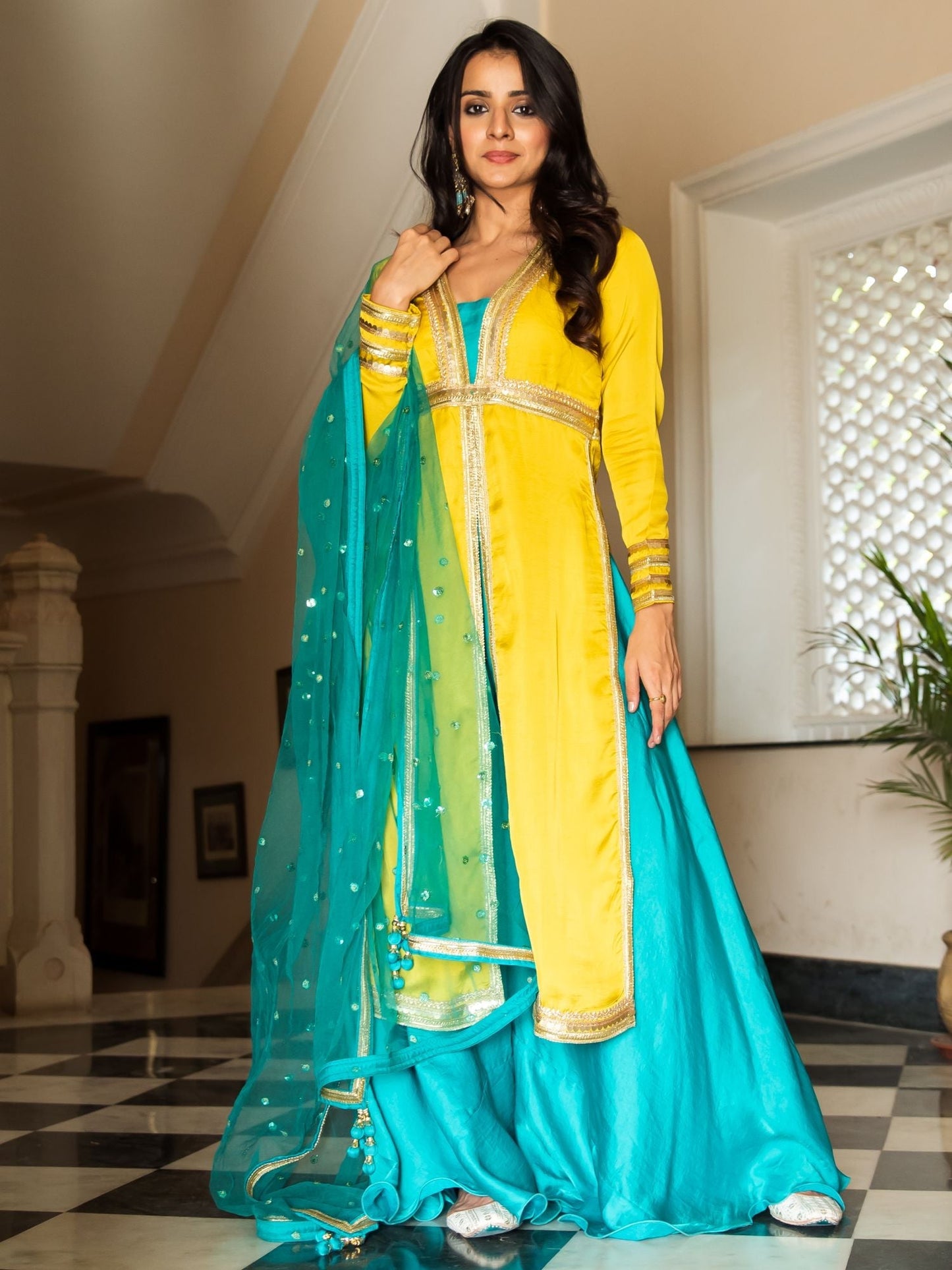 Yellow Aqua Silk Suit Set