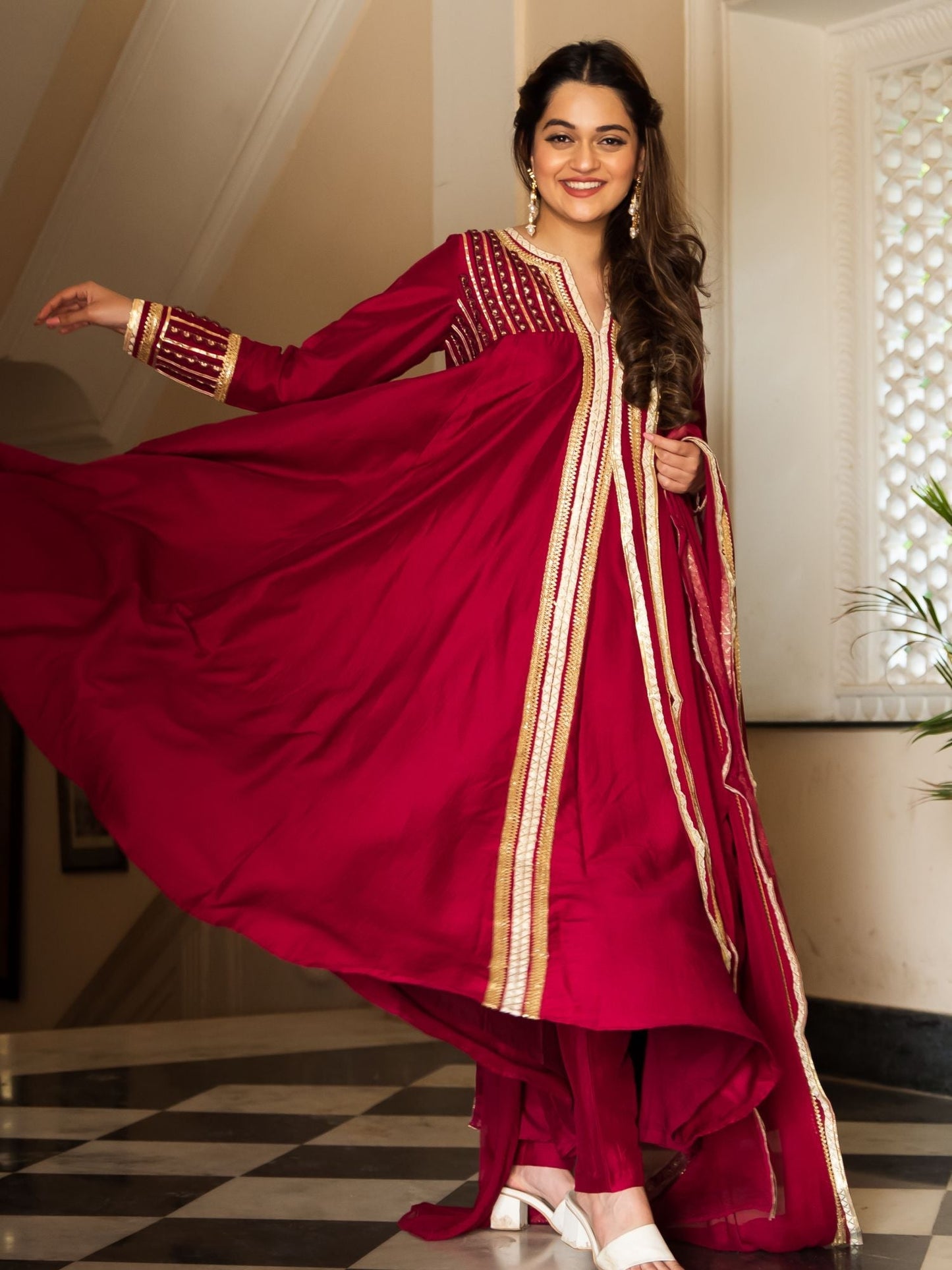 Maroon Silk Long Anarkali Set