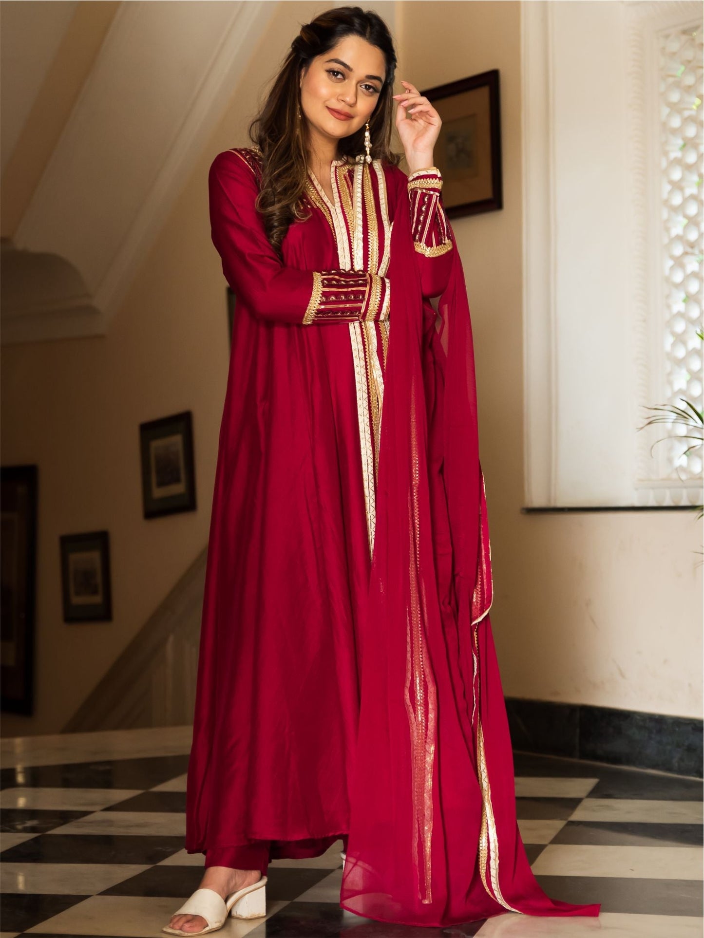 Maroon Silk Long Anarkali Set