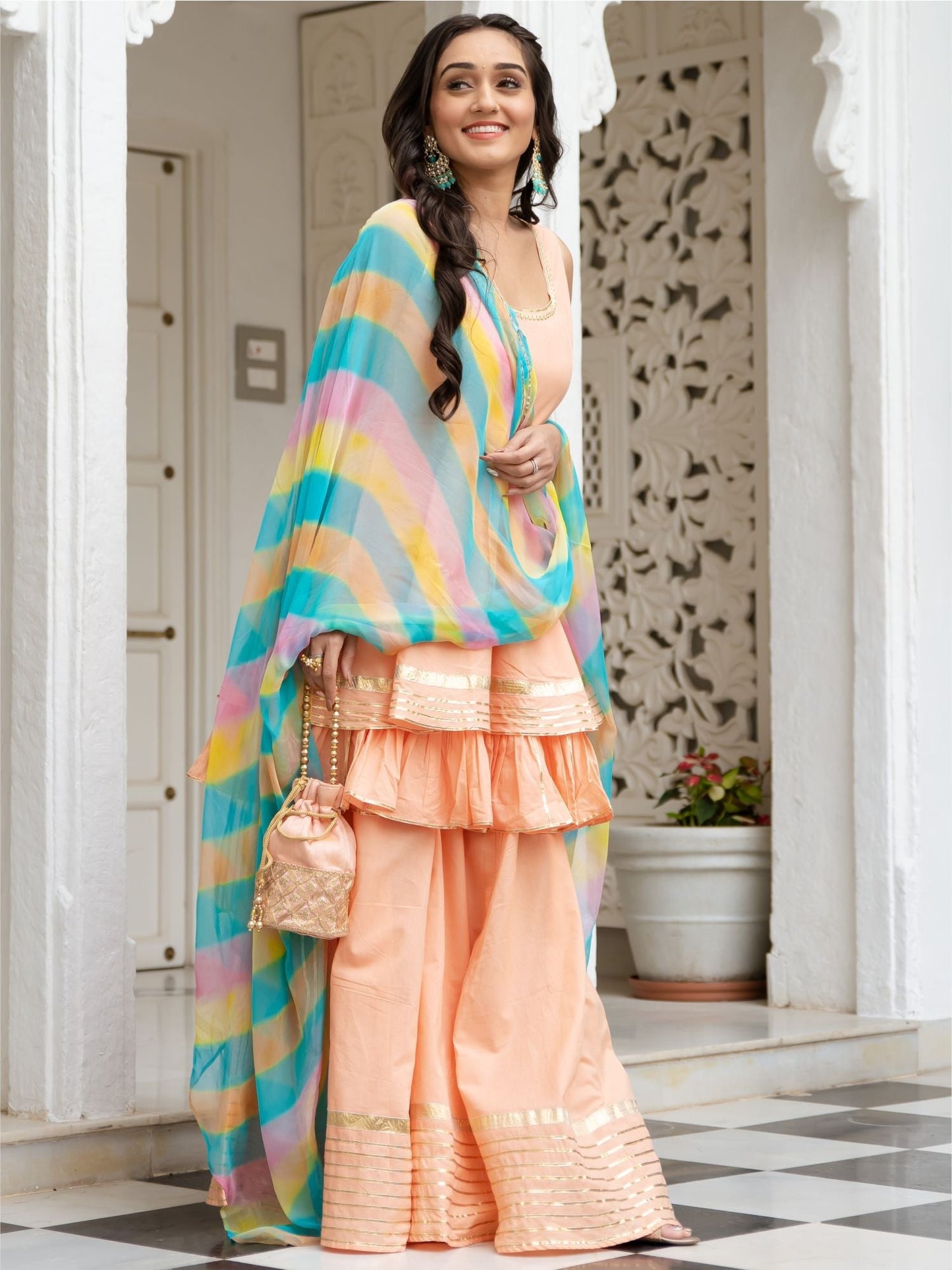 Peach Cotton Kurta and Palazzo Without Dupptta