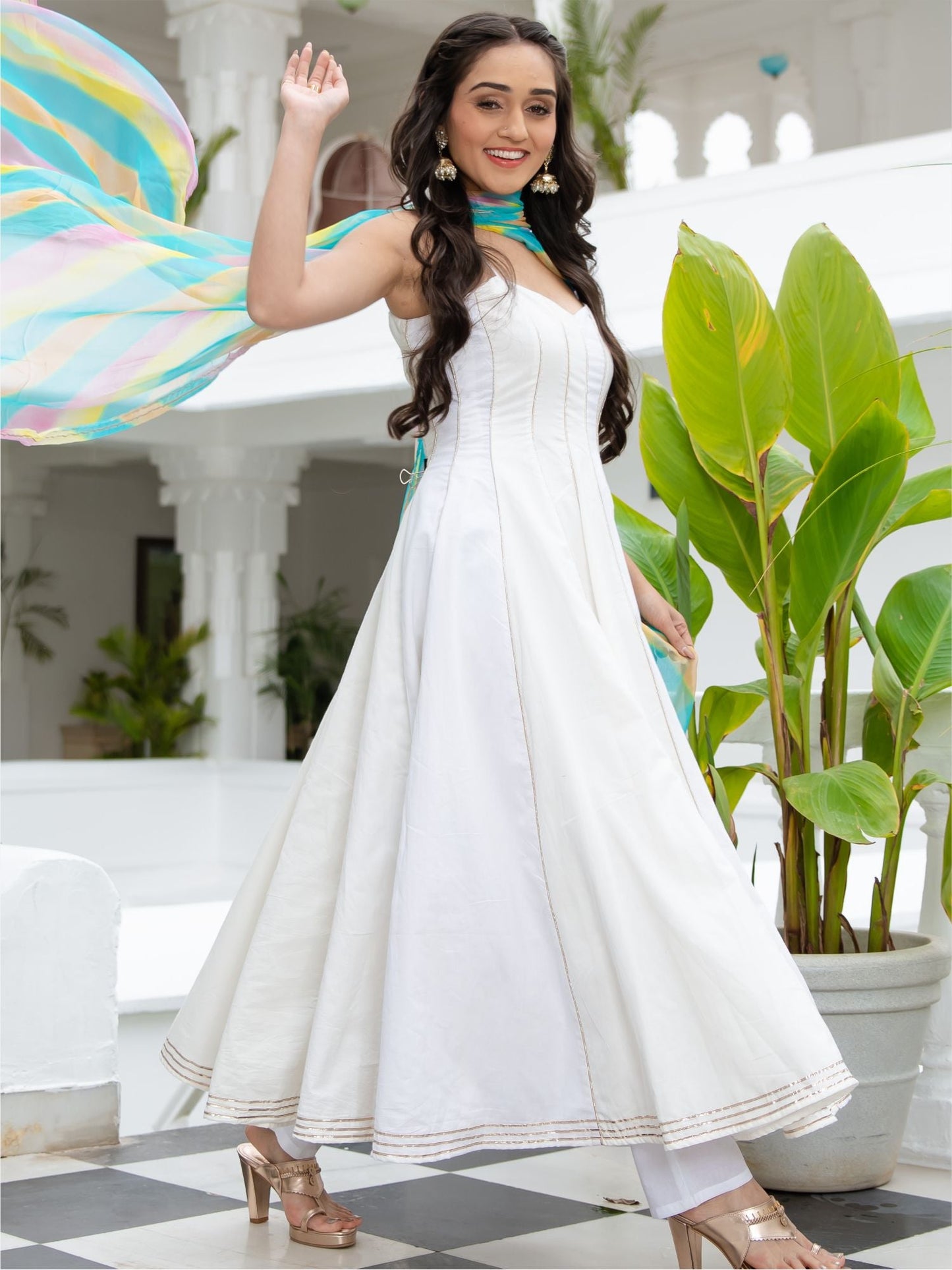 White Cotton Anarkali Set