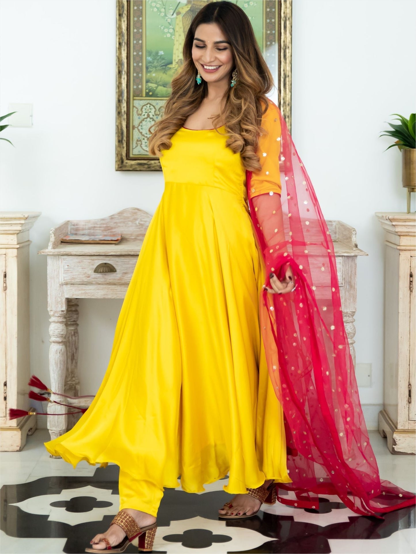 Yellow & Pink Silk Anarkali Set