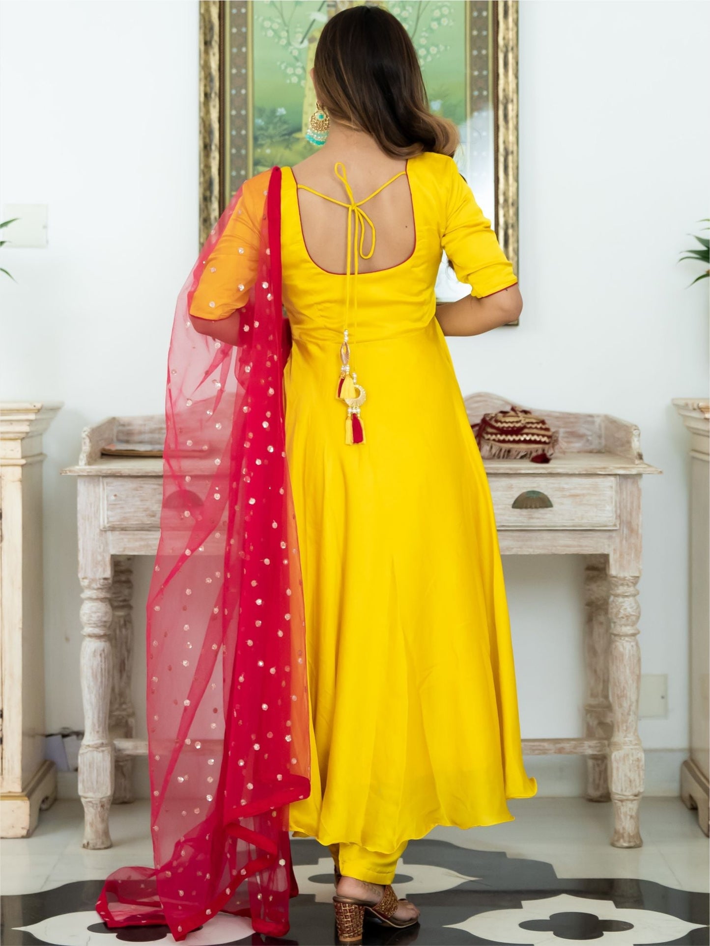 Yellow & Pink Silk Anarkali Set