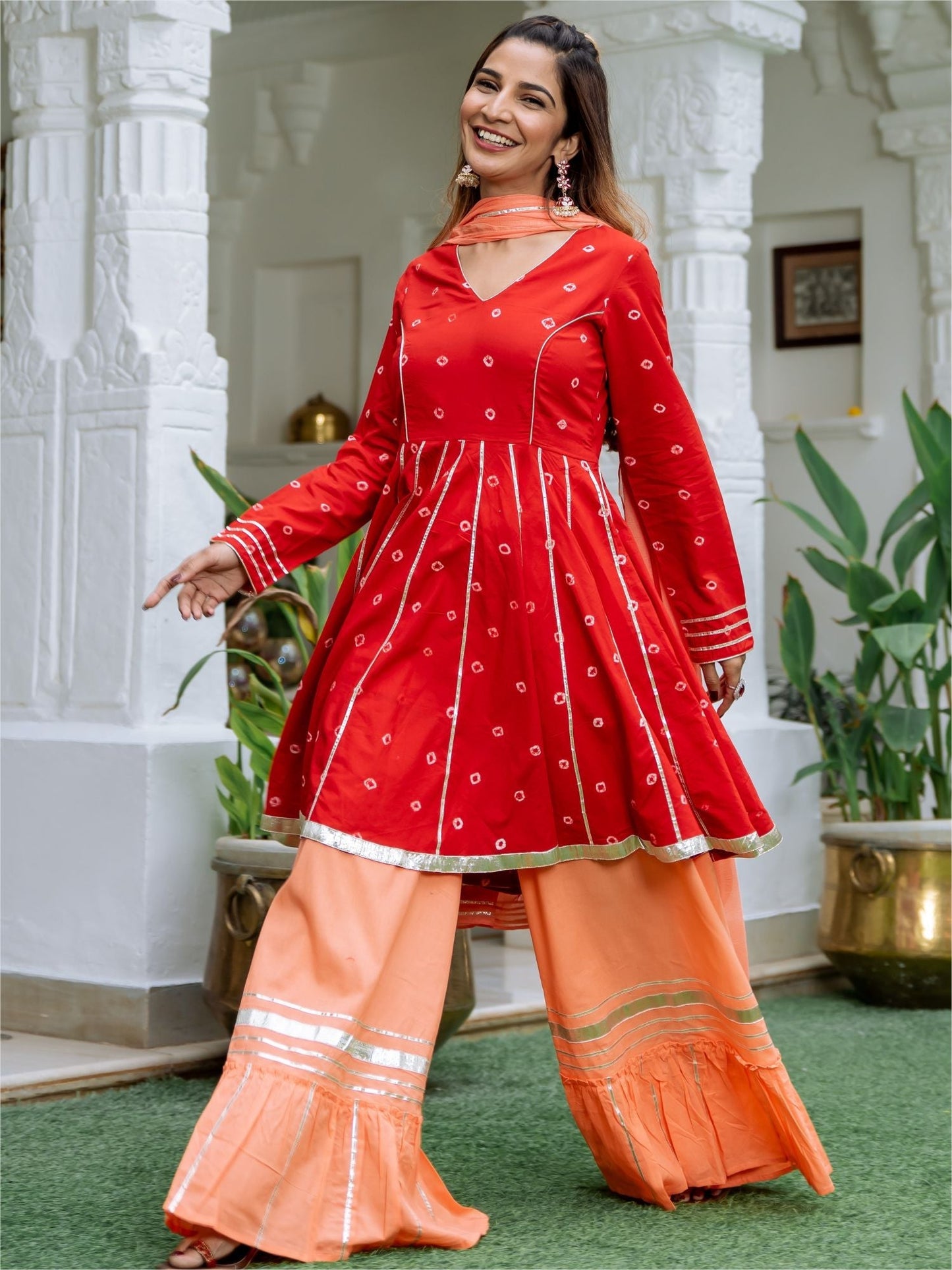 Red Bandhani Tie-Dye Kurta and Palazzo Set
