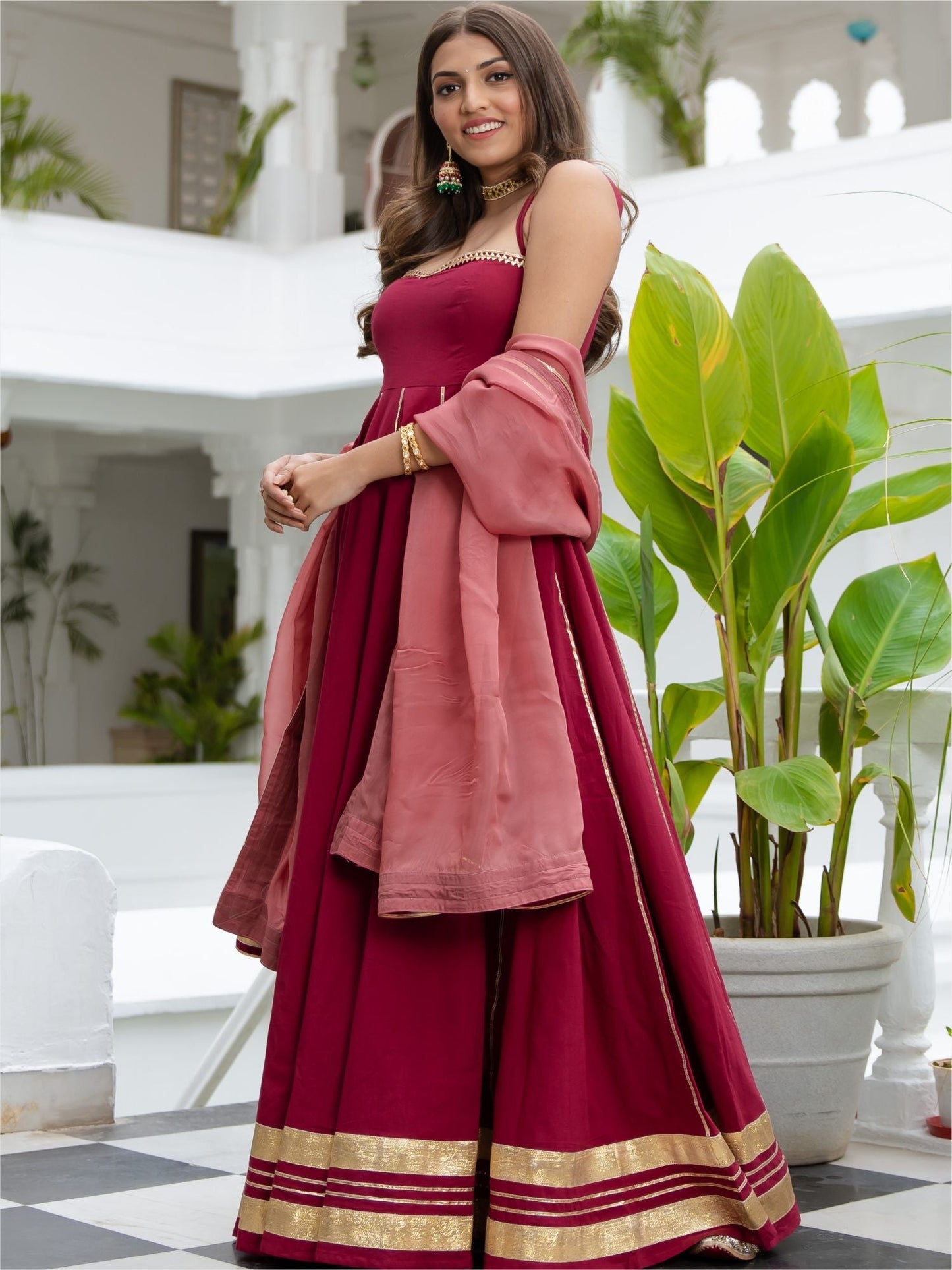 Maroon Cotton Flared Anarkali With Dupatta