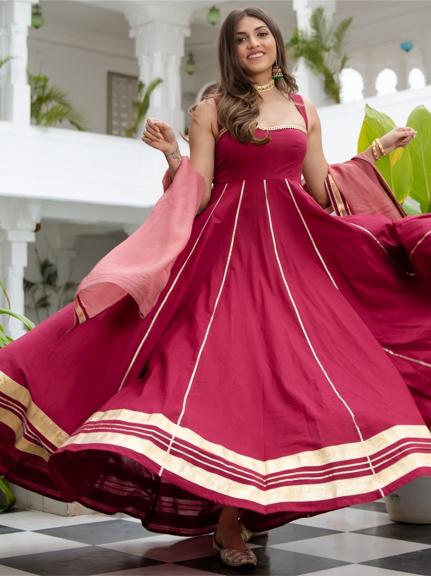 Maroon Cotton Flared Anarkali With Dupatta