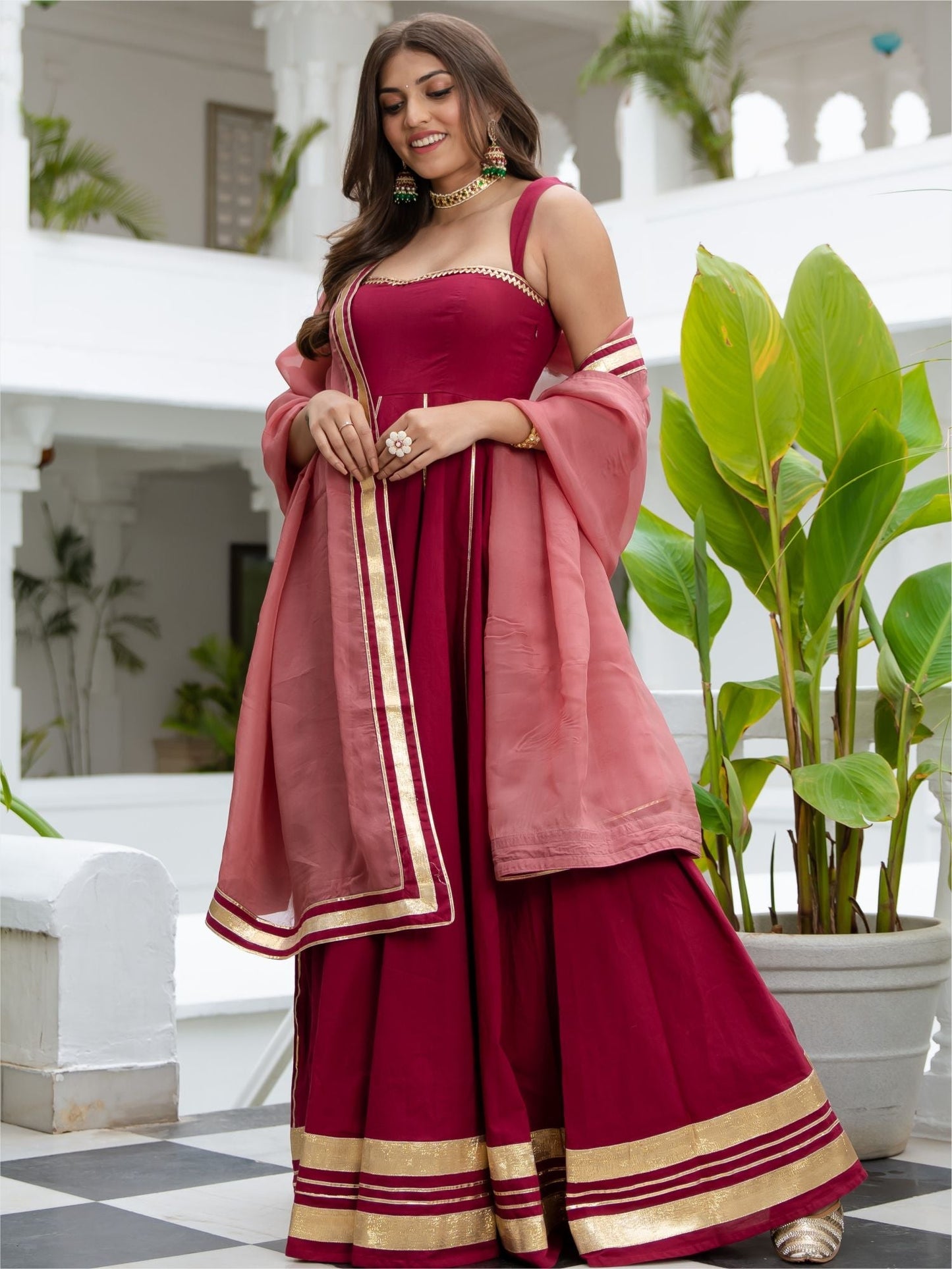 Maroon Cotton Flared Anarkali With Dupatta