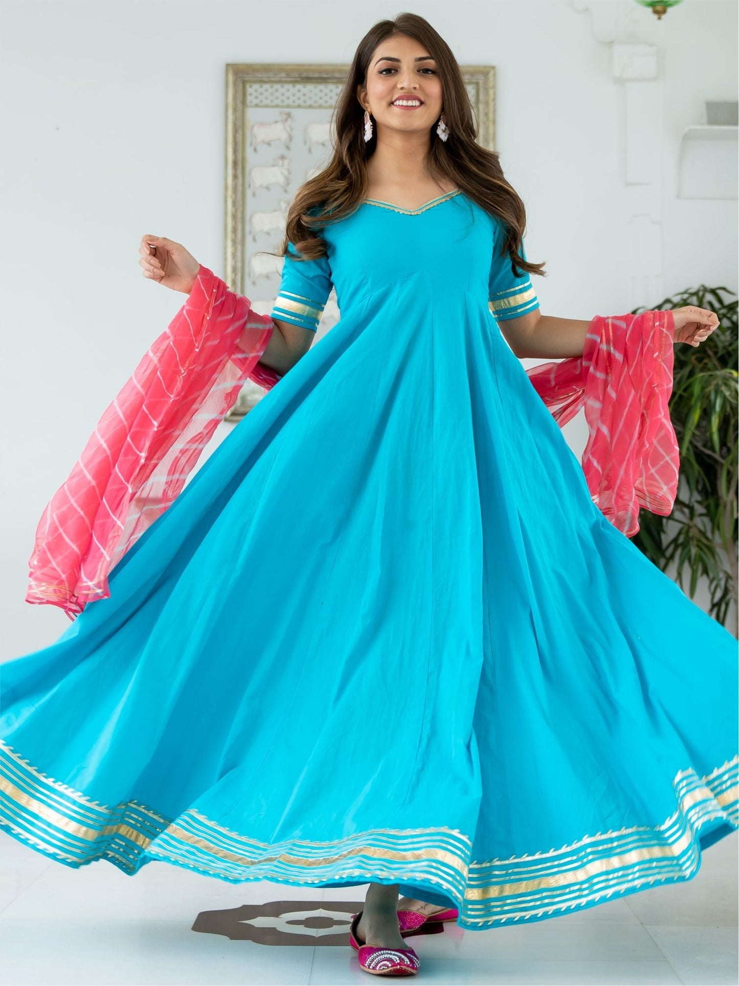 Blue Cotton Flared Anarkali With Dupatta