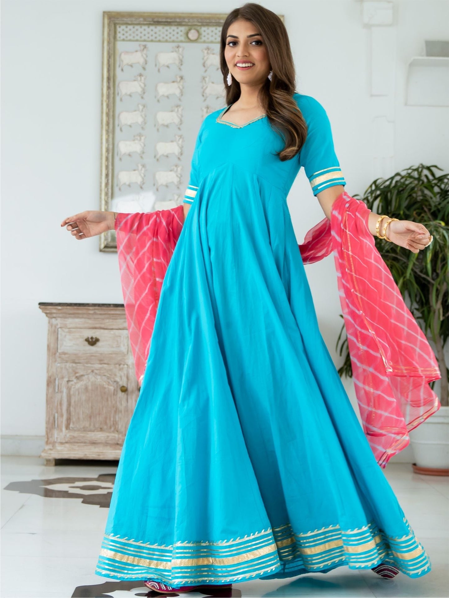 Blue Cotton Flared Anarkali With Dupatta