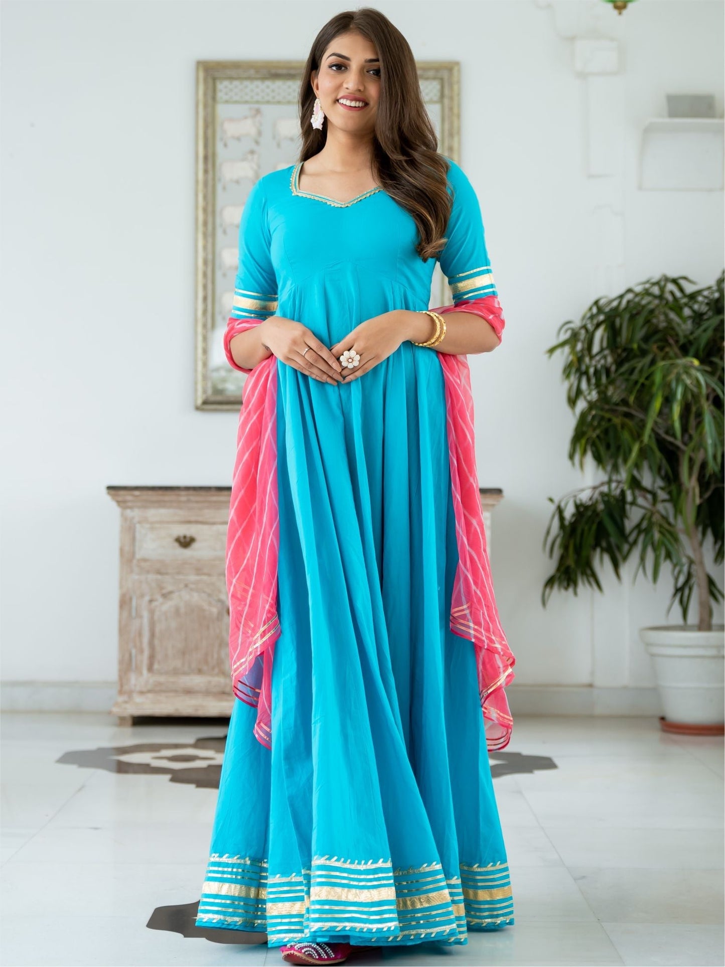 Blue Cotton Flared Anarkali With Dupatta