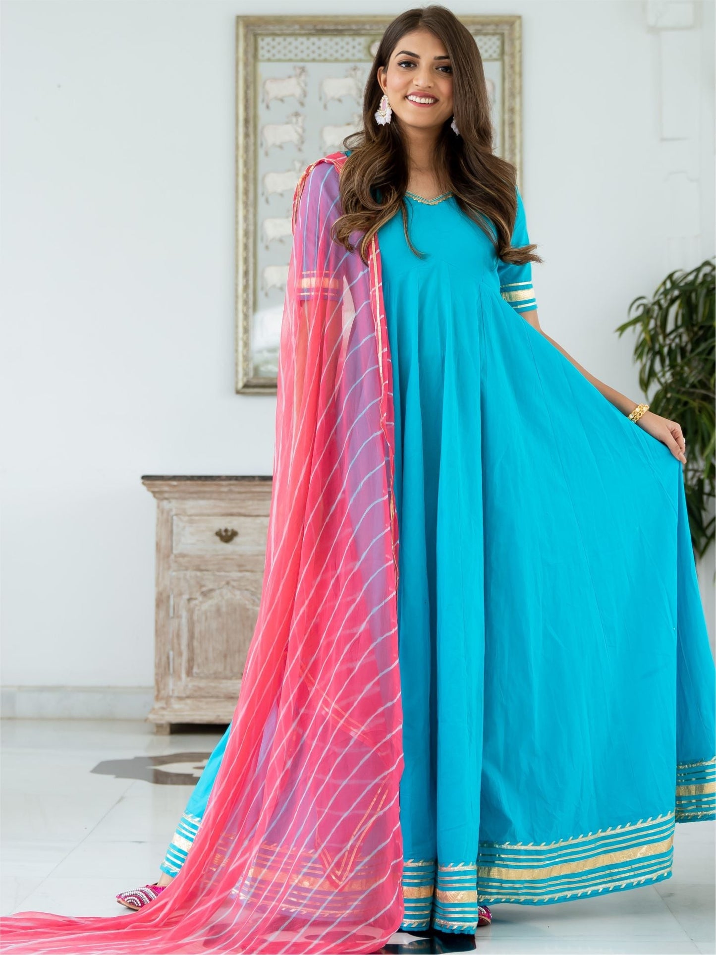 Blue Cotton Flared Anarkali With Dupatta