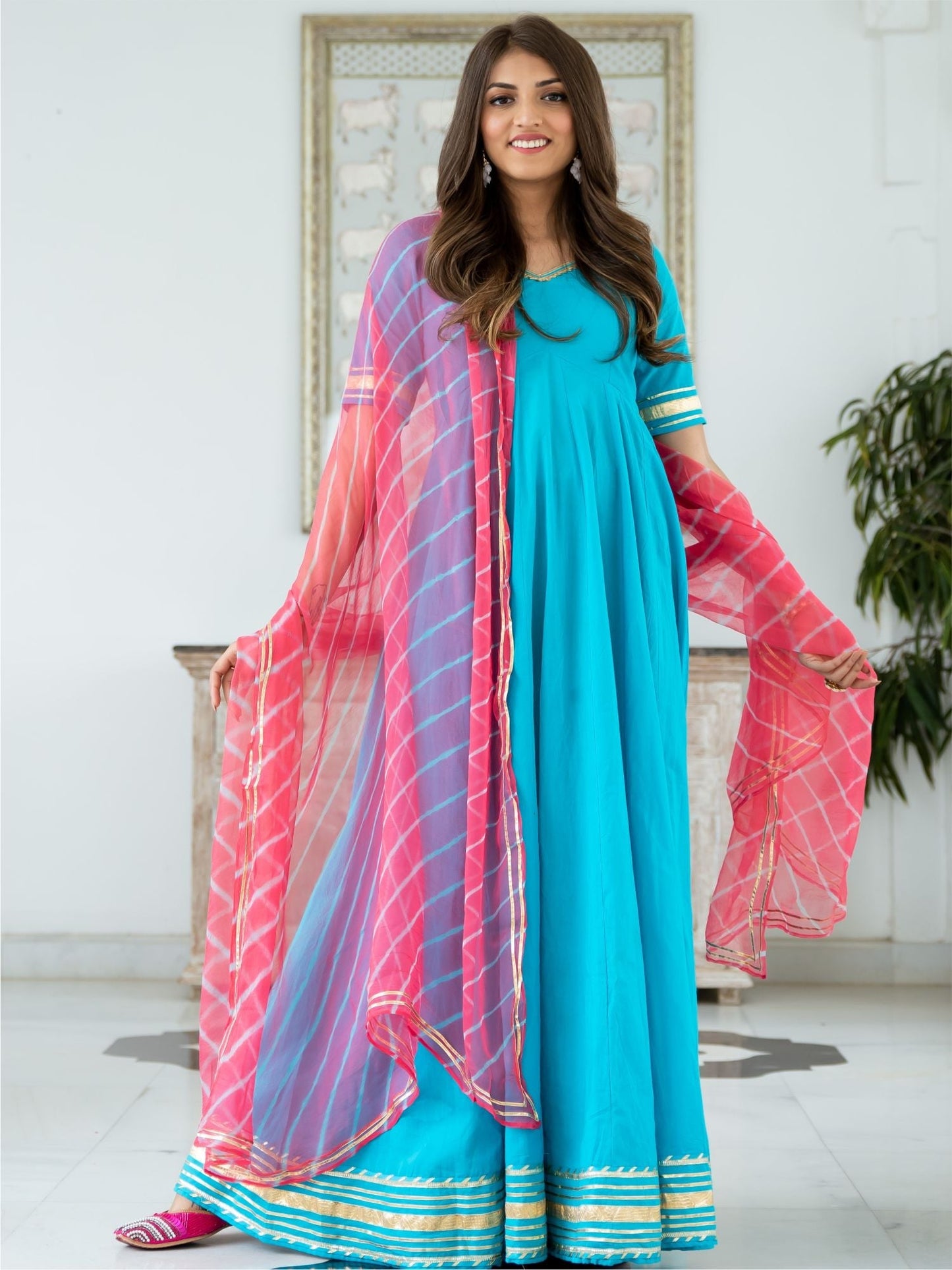 Blue Cotton Flared Anarkali With Dupatta