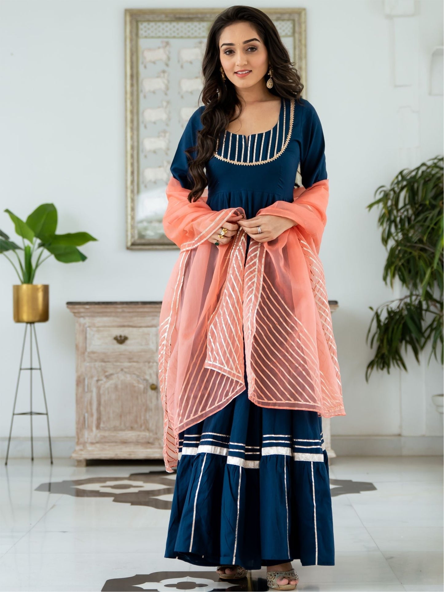 Blue Cotton Anarkali With Dupatta