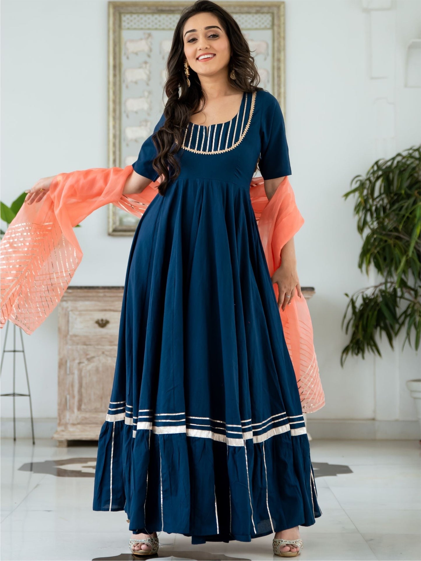 Blue Cotton Anarkali With Dupatta