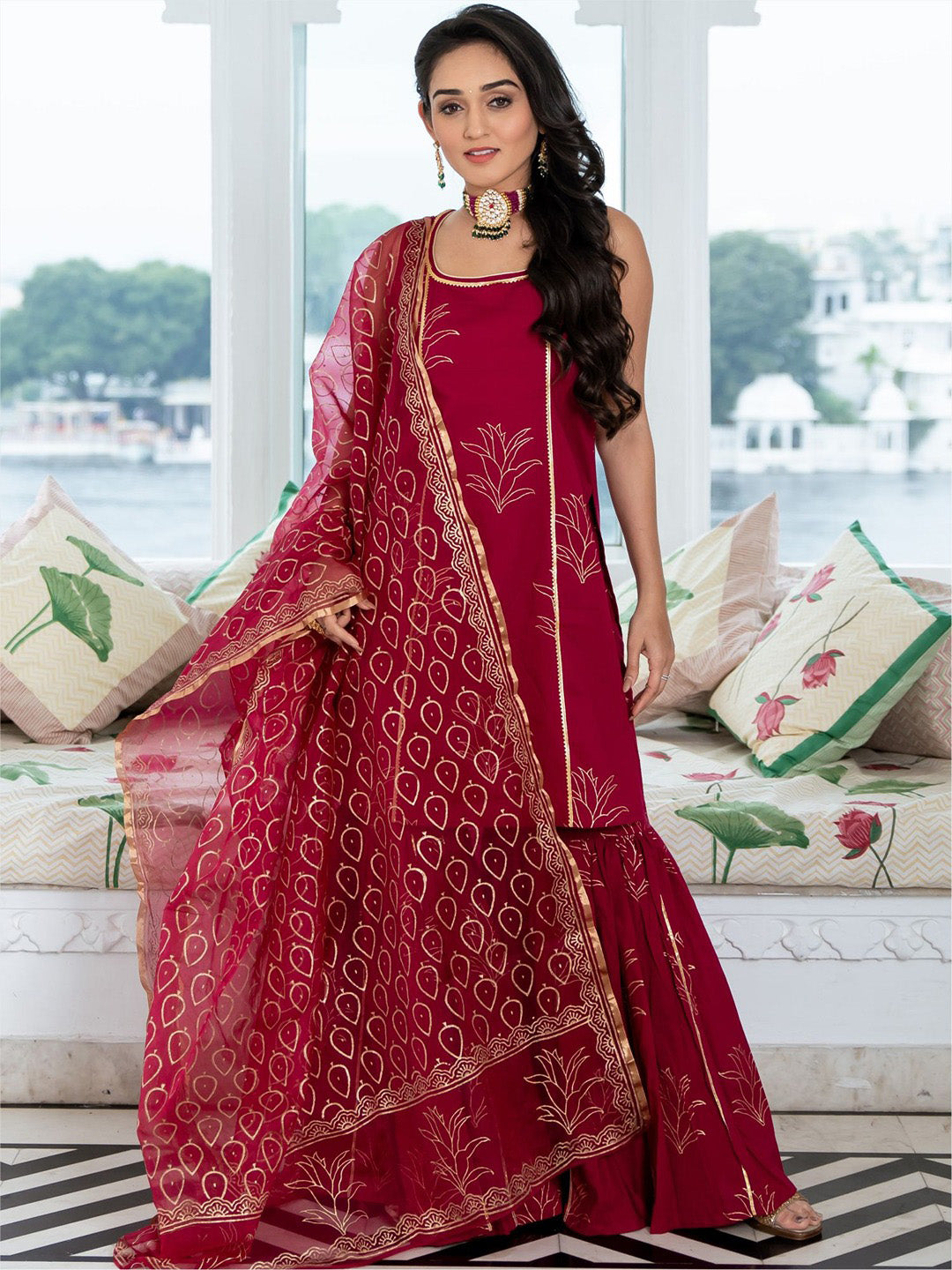 Megenta Cotton Printed Kurta And Sharara Set