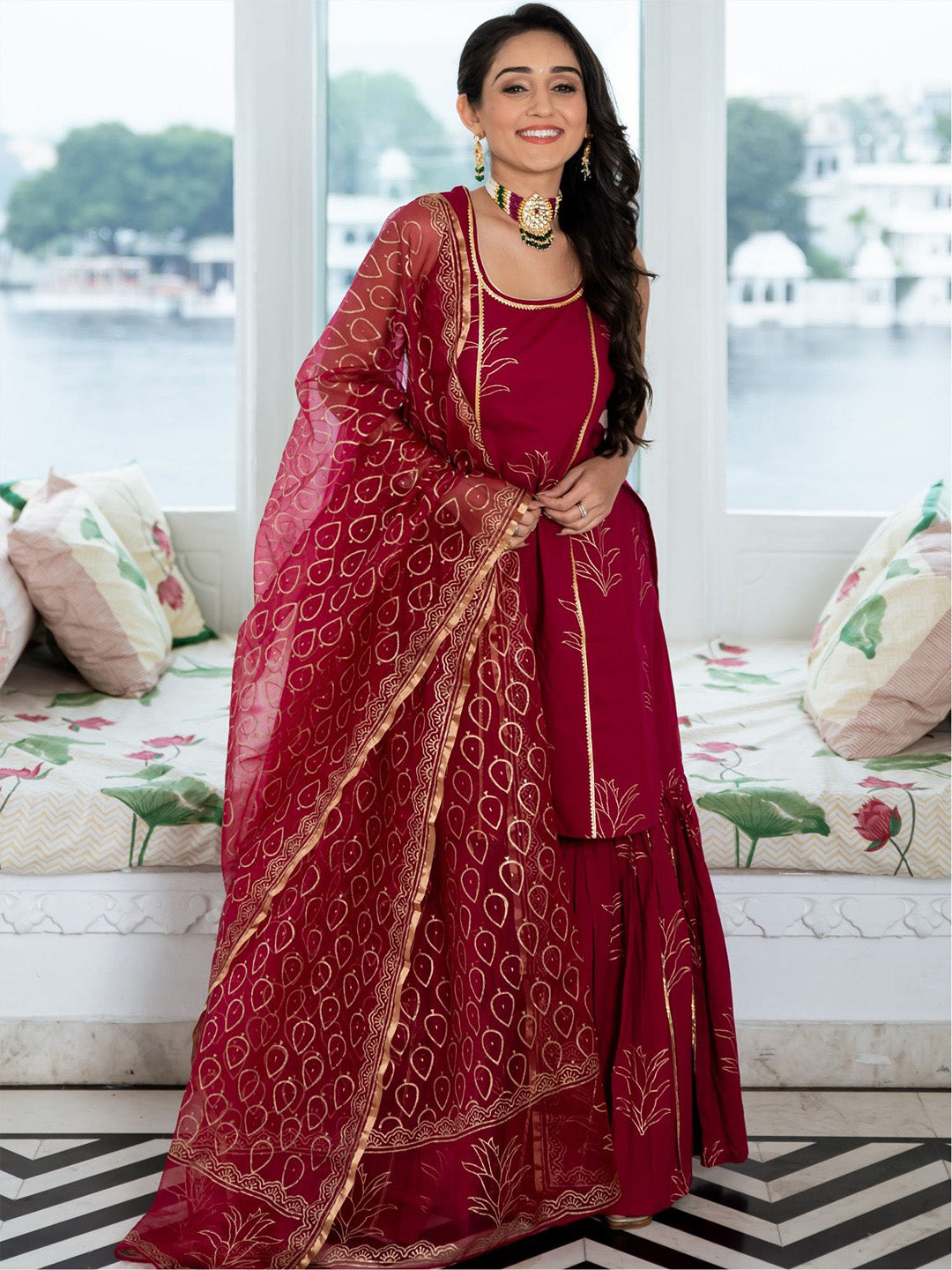 Megenta Cotton Printed Kurta And Sharara Set