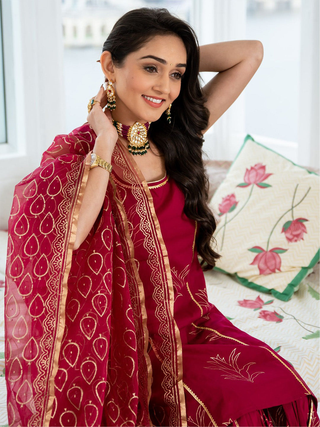 Megenta Cotton Printed Kurta And Sharara Set