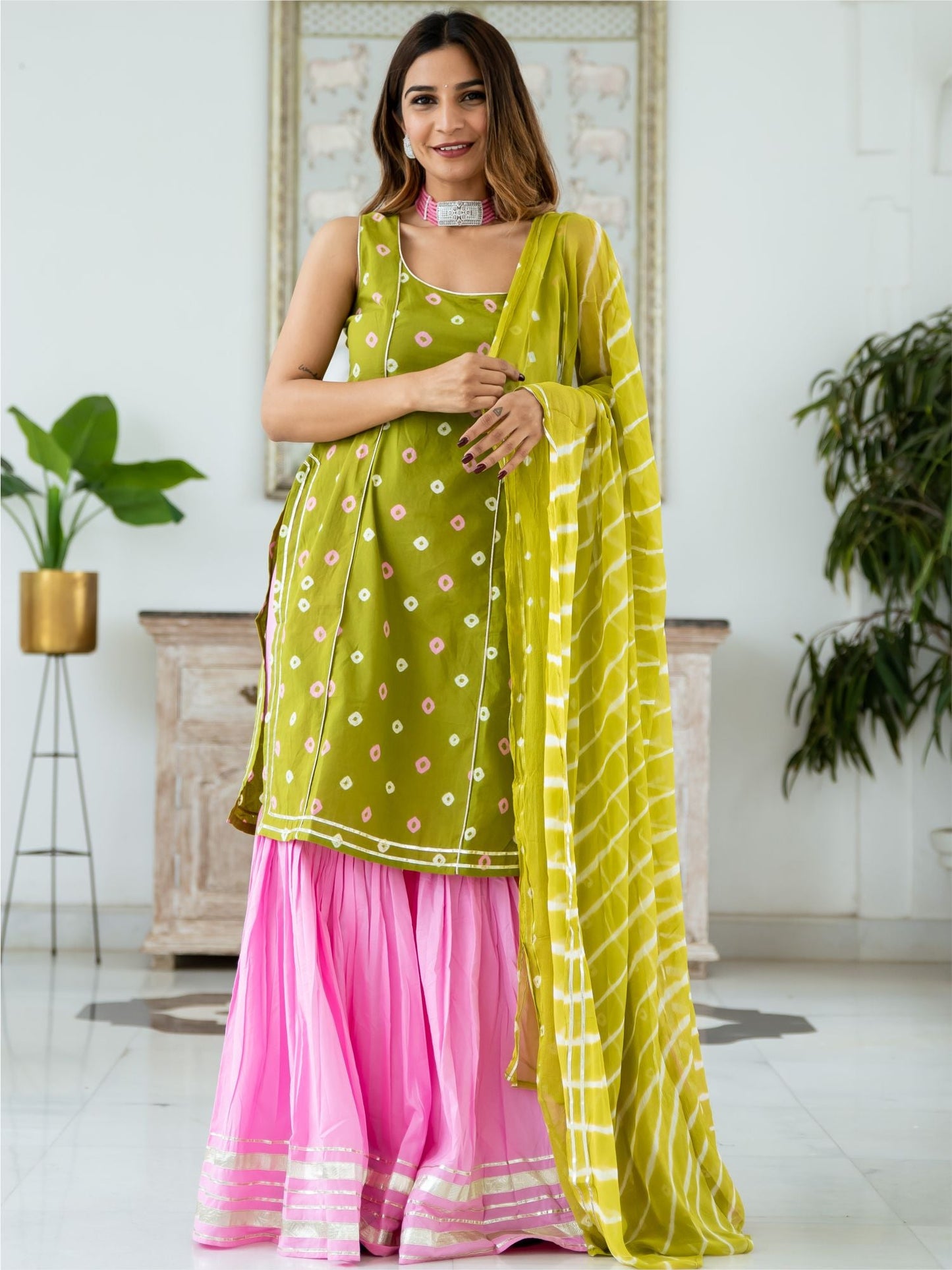 Bandhani Short Kurta and Sharara Set