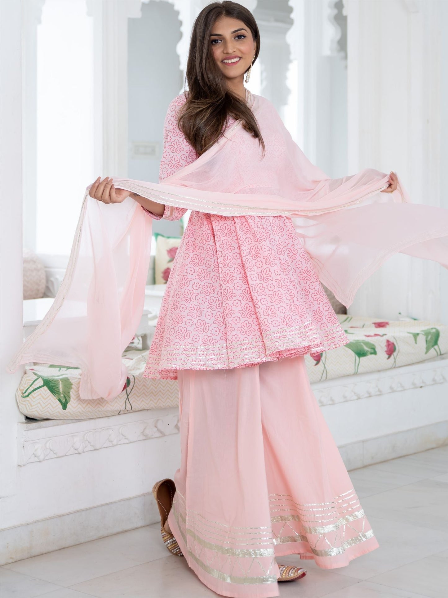 Pink Cotton Printed Kurta and Palazzo Set