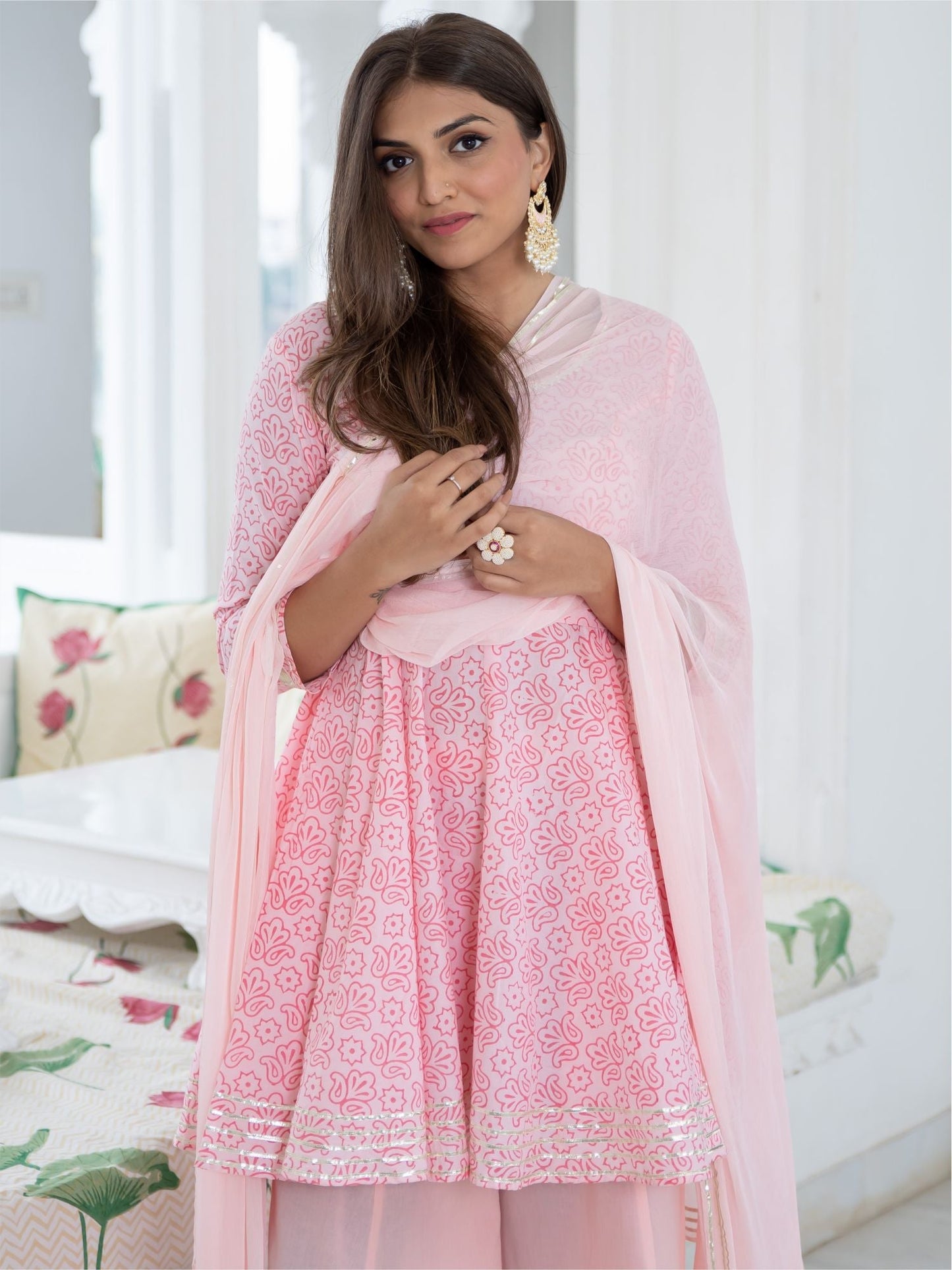 Pink Cotton Printed Kurta and Palazzo Set